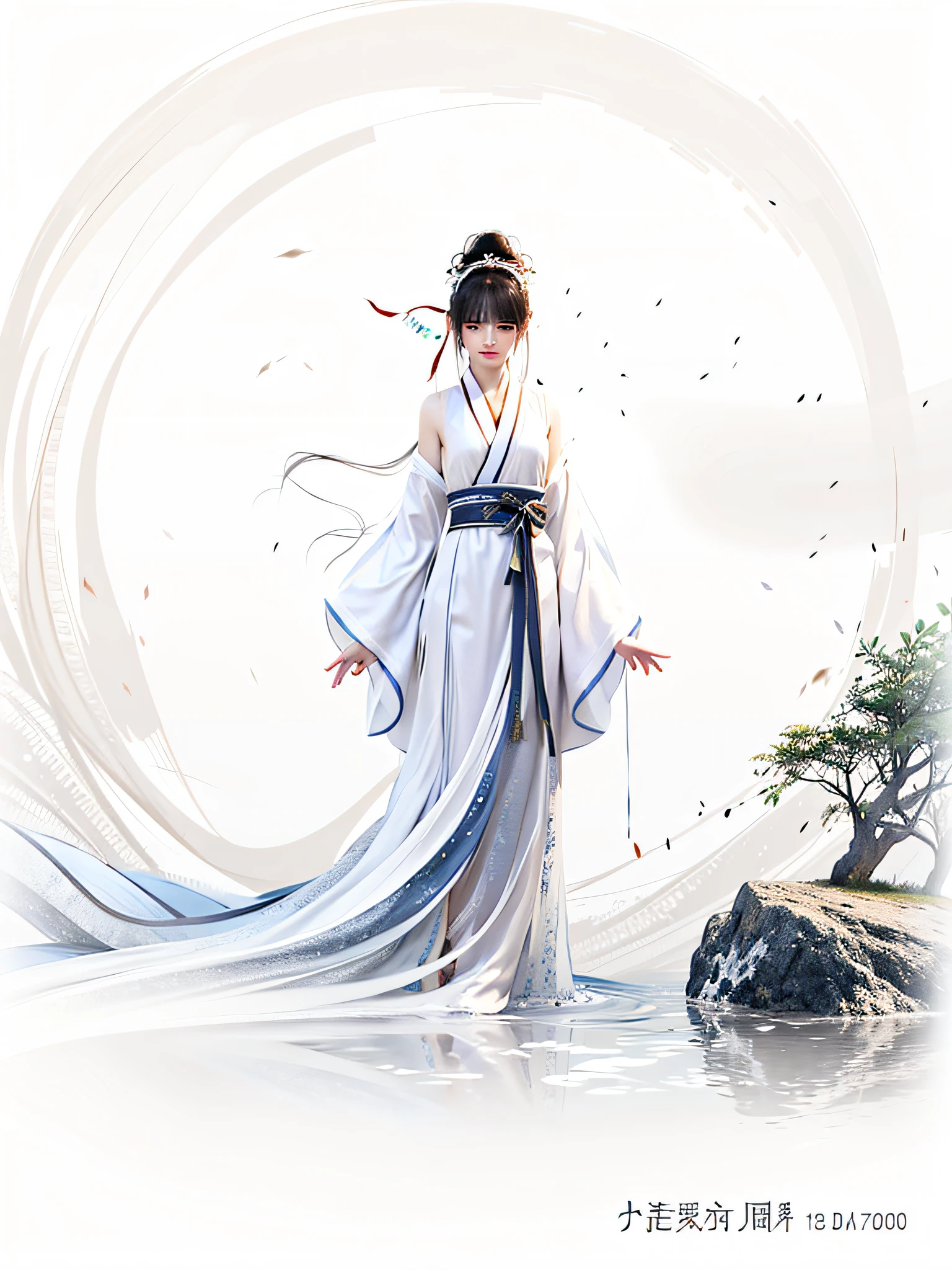 Painting a woman in a white dress standing in the water, White Hanfu, Palace ， A girl in Hanfu, flowing white robe,Clear facial expressions, Beautiful character painting, flowing hair and long robes, Chinese painting style, wearing a long flowing robe, Hanfu, Wearing ancient Chinese clothes, by Yang J, wearing a long flowing robe, flowing magical robe, A beautiful artwork illustration