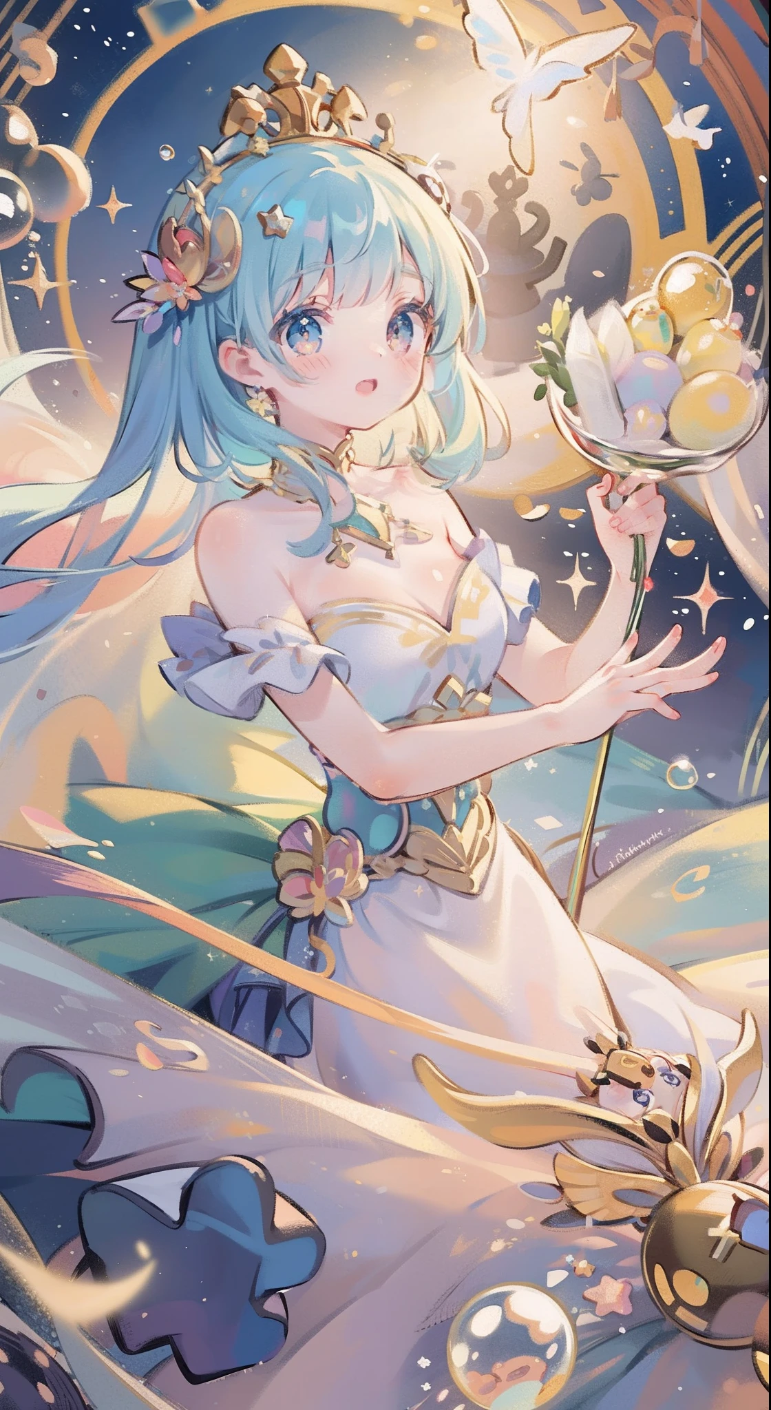 masterpiece, best quality, 8k resolution, sharp focus, intricate detail, beautiful girl, sparkling eyes, golden ratio face, otherworldly liquid, watercolor, pastel colors, bright colors, whimsical, colorful, sharp focus, high resolution, fine detail, princess fantasy ballgown, ((round eyes)), iridescent bubbles