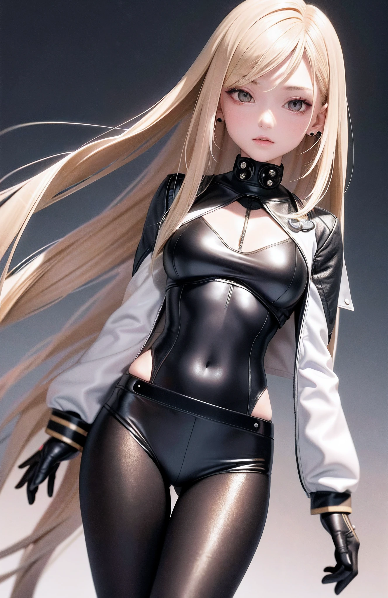 optimum，tmasterpiece，A high resolution，best qualtiy，hyper HD，super detailing，Award-Awarded，16k，独奏，（The upper part of the body），anatomy correct，Beautiful cyberpunk girl，Ex Machina，cute  face，high light，Gradient Beige Hair，Hairline，（（Scarlet eyes）），long eyelasher，Hanging eye corners，White skin of the，（small boobs），（Slim body），（（safari_jacket）），（（high-waist_Skirt）），（），ear studs，（neck rings），（Laser material clothing：1.2）