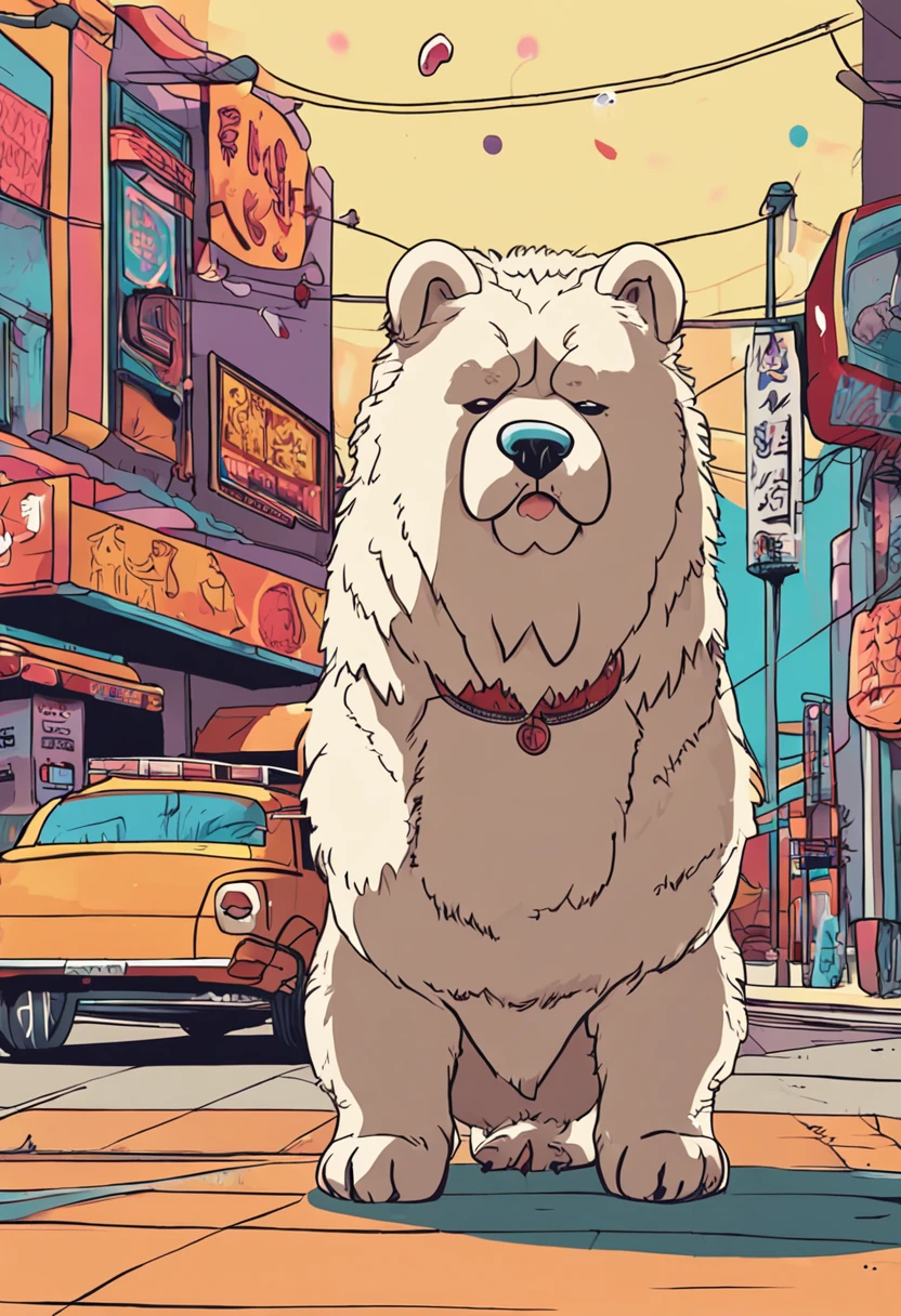 A cute creamy colored Chow Chow,Have a drink at the night market with Uncle Glasses