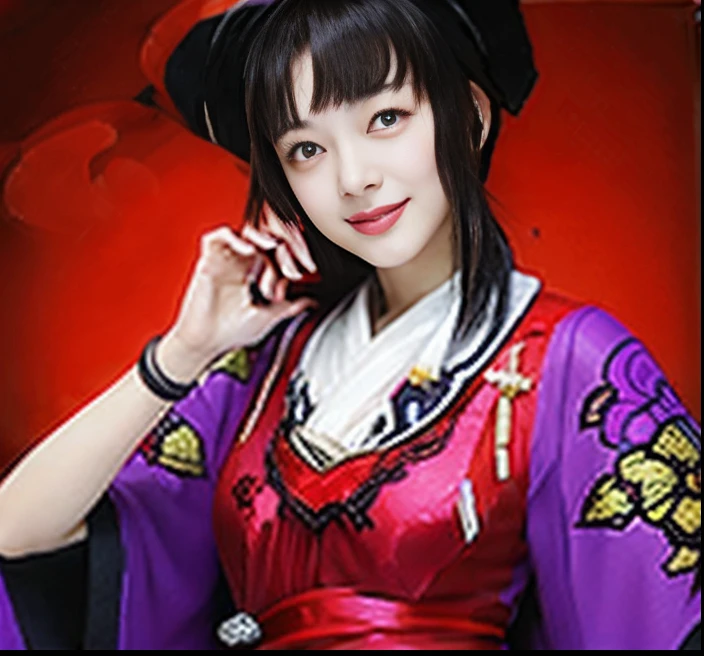 Smiling woman in purple and red dress