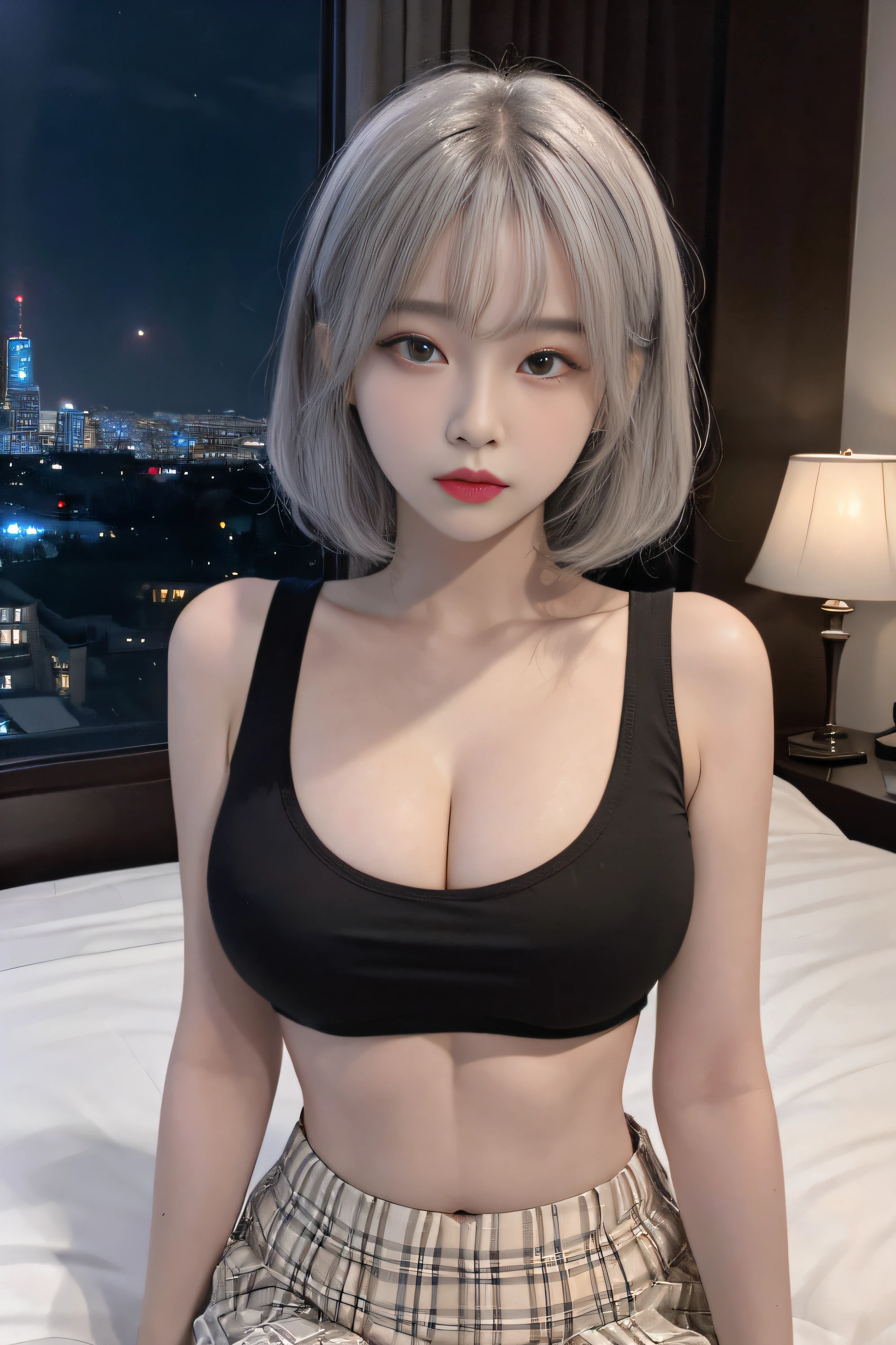 Top image quality、Raw photography、超A high resolution、14-year-old Korean、very large round breasts、cleavage of the breast、Yellow plaid skirt、Cropped Black Tank Top、fair white skin、shiny white skin、a short bob、Beautiful eyes with random colors、beautiful eyes finely detailed、elongated eyes、pale pink blush、long eyeslashes、beautiful double eyelid、eyeshadows、Beautiful navel、Beautiful abs、Beautiful ribs、bright silver hair、bright white hair、Hotel room at night、Room with night view、large glass windows、
