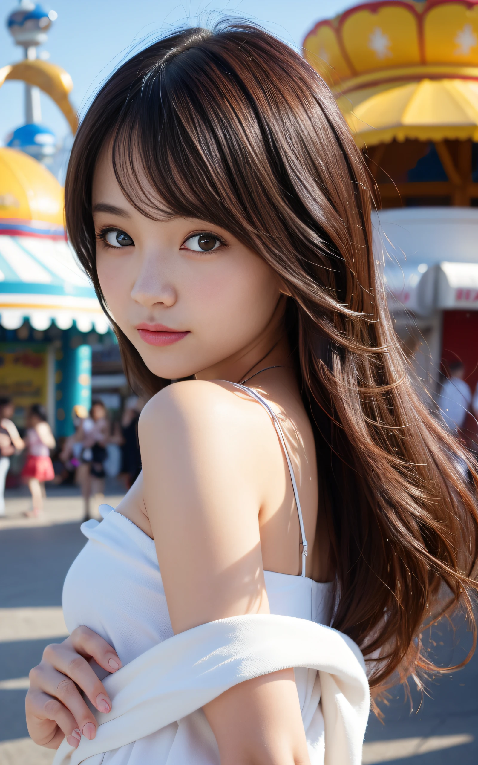 ((Best Quality, 8K, masutepiece: 1.3)), (Sharp Focus: 1.2), 1 girl, face shot, close-up, Neat and clean beauty, 20 years old, Japanese, Classy and elegant, Cute, Shy, A pretty girl with perfect figure, ((shoulder length straight hair swaying in the wind)), sad,Highly detailed face and skin texture, Detailed eyes, amusement park