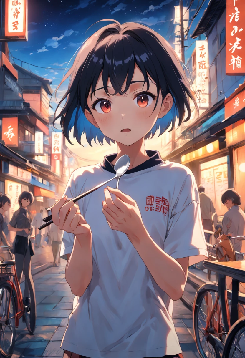 Young woman with short hair Japan、Eating rice with a spoon、slender、tshirts、