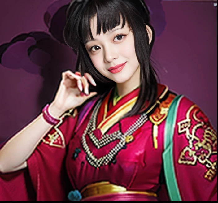 Smiling woman in purple and red dress