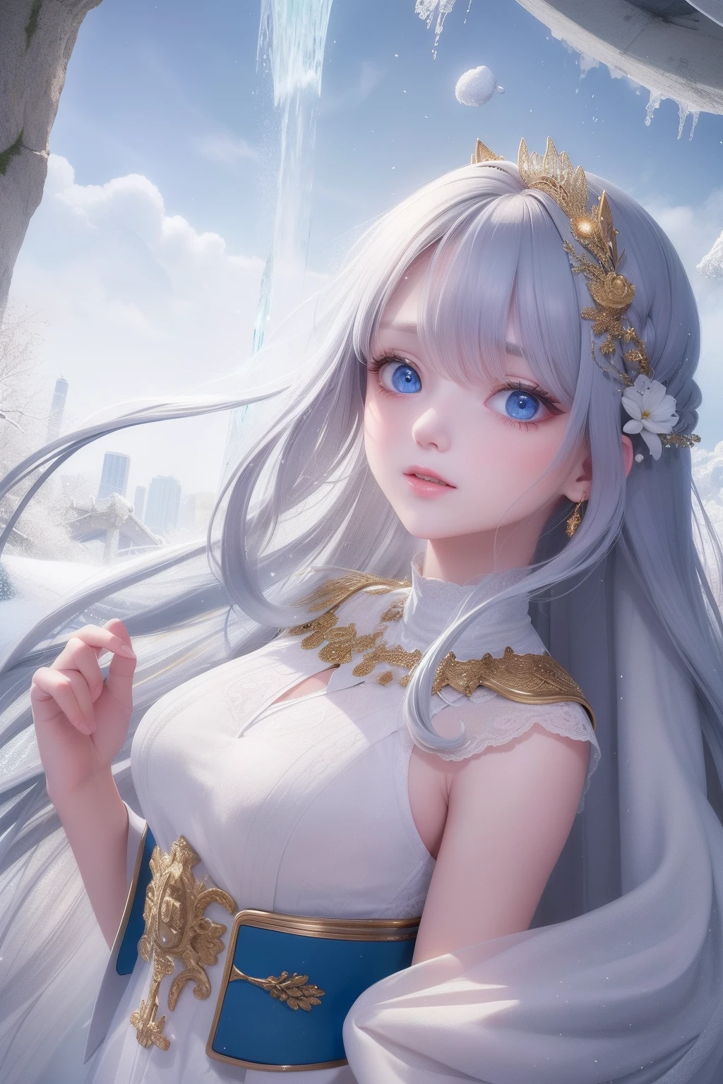 The ultimate masterpiece，Perfect image quality，Gray hair pure blue，Golden eyes twinkle，White clothes flowing，Looking Up The Sky，Upper body or whole body display，Hair flutters like a waterfall，Skin as fair as snow，The side braid swings gracefully。