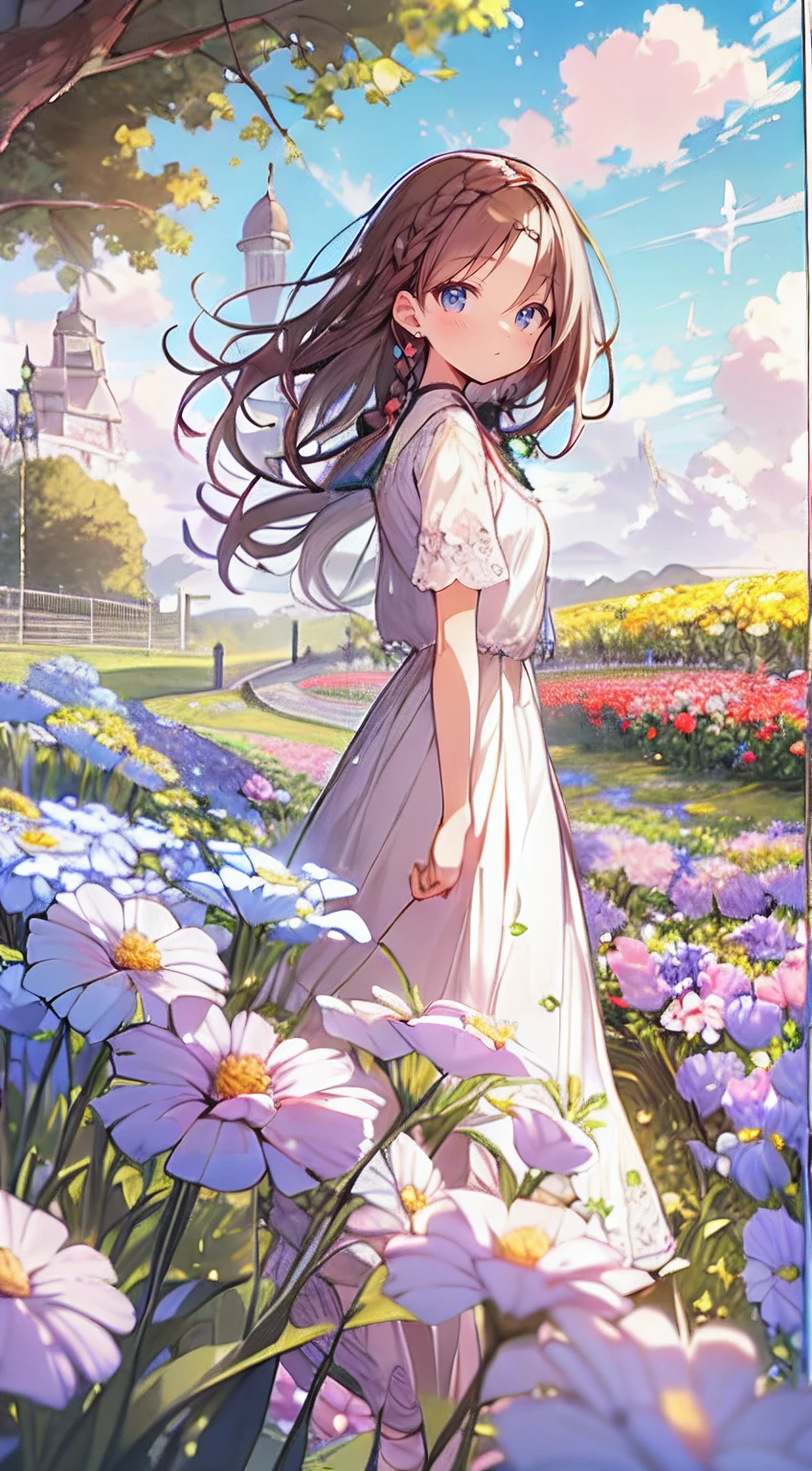masutepiece, Best Quality,Illustration, Wallpaper, Ultra Detail, Absurd beauty、1 beautiful girl、 (Semi-long hair、short braided hair), Beautiful ultra-detailed eyes , Hair fluttering in the wind、Keep your head small、flower  field、great outdoors、Landscape of the flower garden