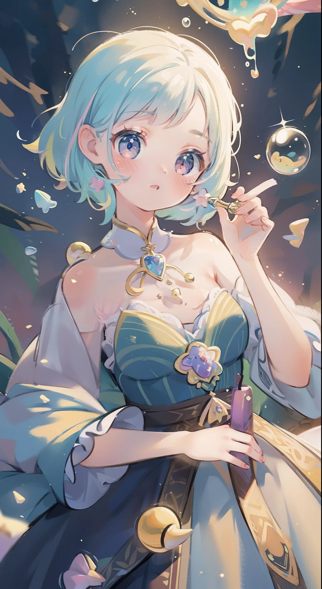 masterpiece, best quality, 8k resolution, sharp focus, intricate detail, beautiful girl, sparkling eyes, golden ratio face, otherworldly liquid, watercolor, pastel colors, bright colors, whimsical, colorful, sharp focus, high resolution, fine detail, fantasy ballgown, ((round eyes)), iridescent bubbles