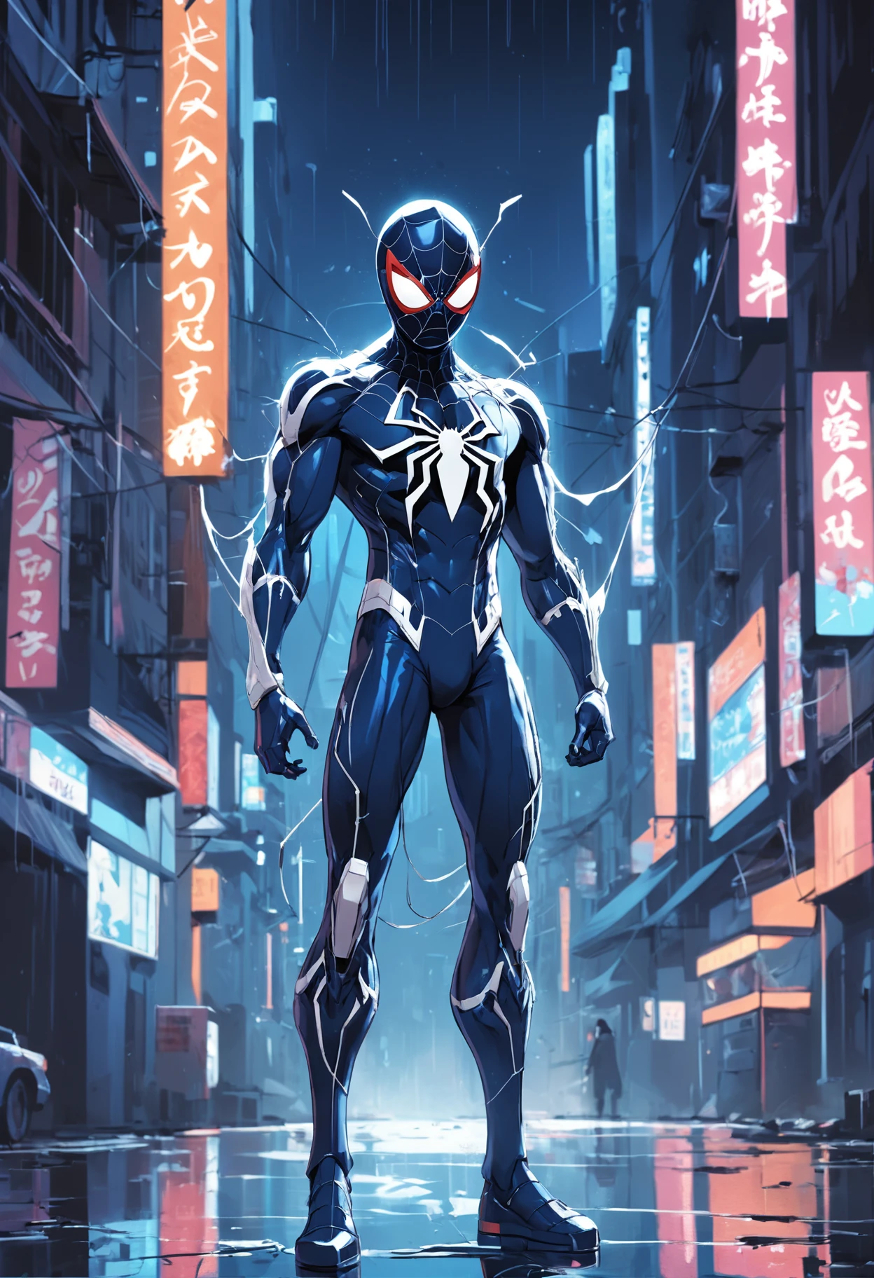 masterpiece, best quality, Spider-Man из Marvel Comics, full body armor, solo, blue and white, midnight, dark, neon street, cityscape, cyberpunk, vector illustration, heavy rain