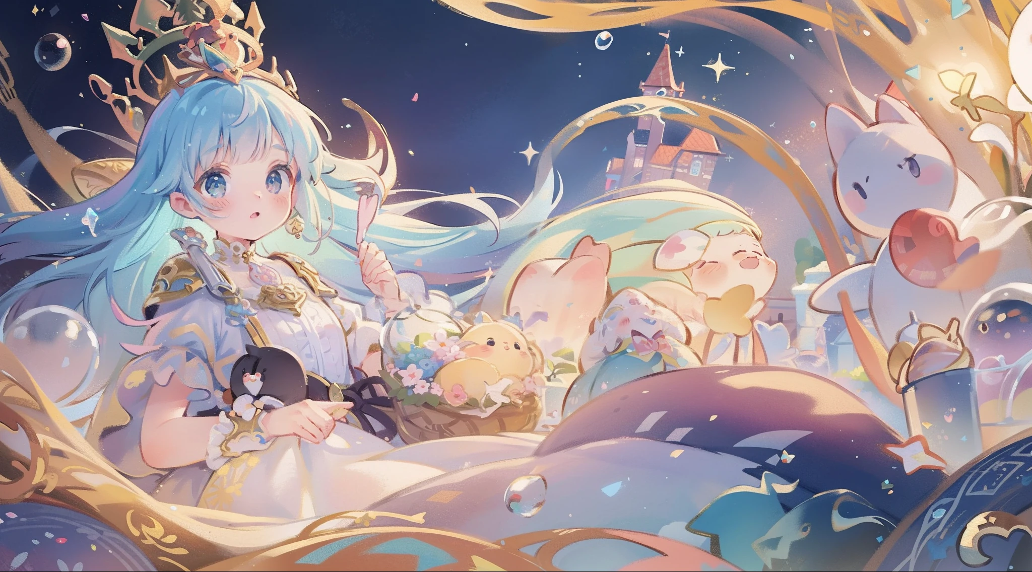 masterpiece, best quality, 8k resolution, sharp focus, intricate detail, beautiful girl, sparkling eyes, golden ratio face, otherworldly liquid, watercolor, pastel colors, bright colors, whimsical, colorful, sharp focus, high resolution, fine detail, princess fantasy flowing ballgown, ((round eyes)), iridescent bubbles, castle landscape in background