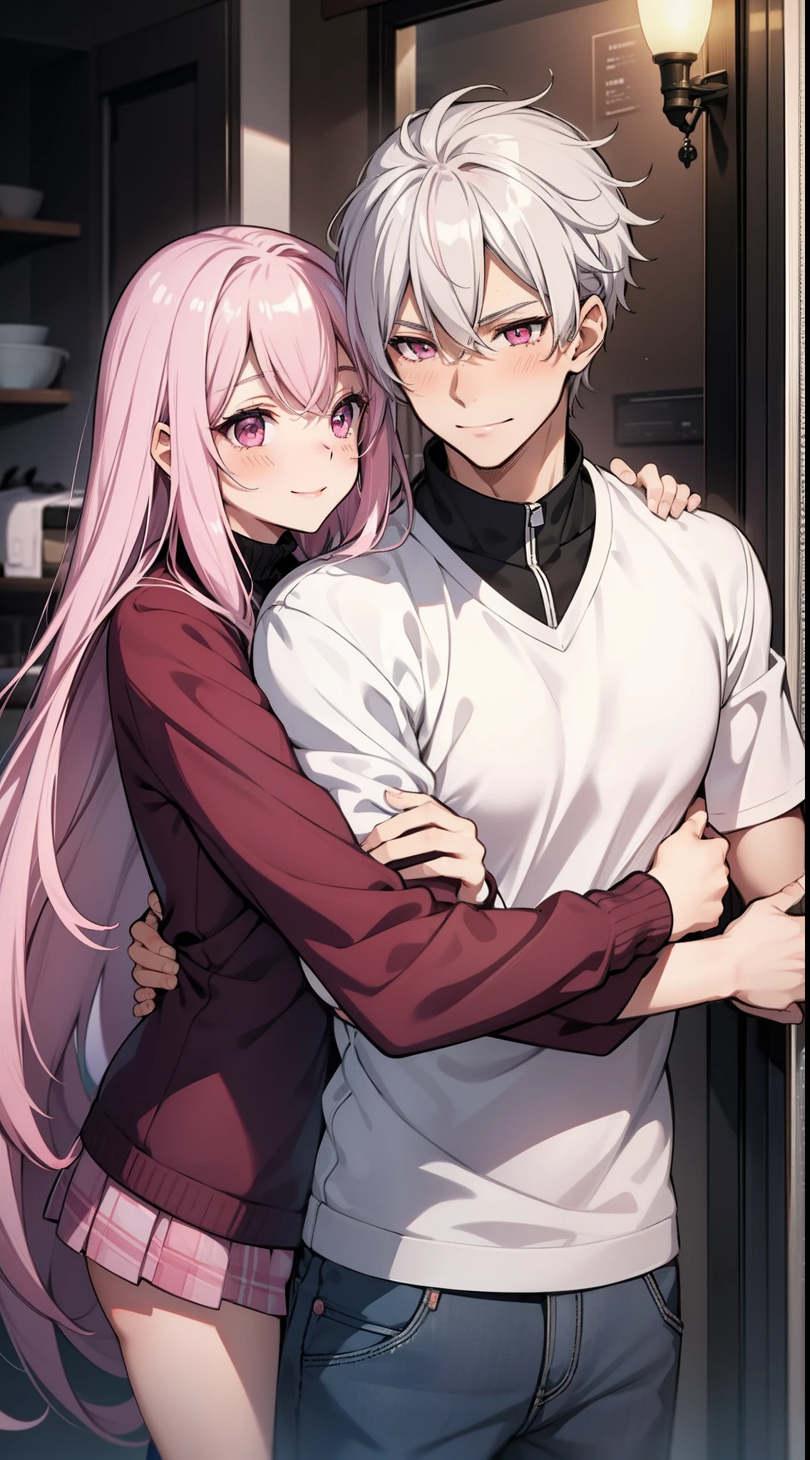 Couple, 2person, male and female, girl long pink hair, boy white silver hair, girl pink eyes, boy bpur eyes, sweet, smile, happy, blush, adult, casual, man and woman, huge breast, abs, hugging each other