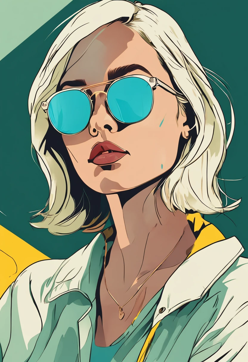 ortrait of a beautiful girl, {white,green,yellow} short hairwearing sunglasses,  baseballcap, {blue,yellow} background, pure color, facial closeup, side view, geometricgraphics, minimalism, flat illustration,facial close-up