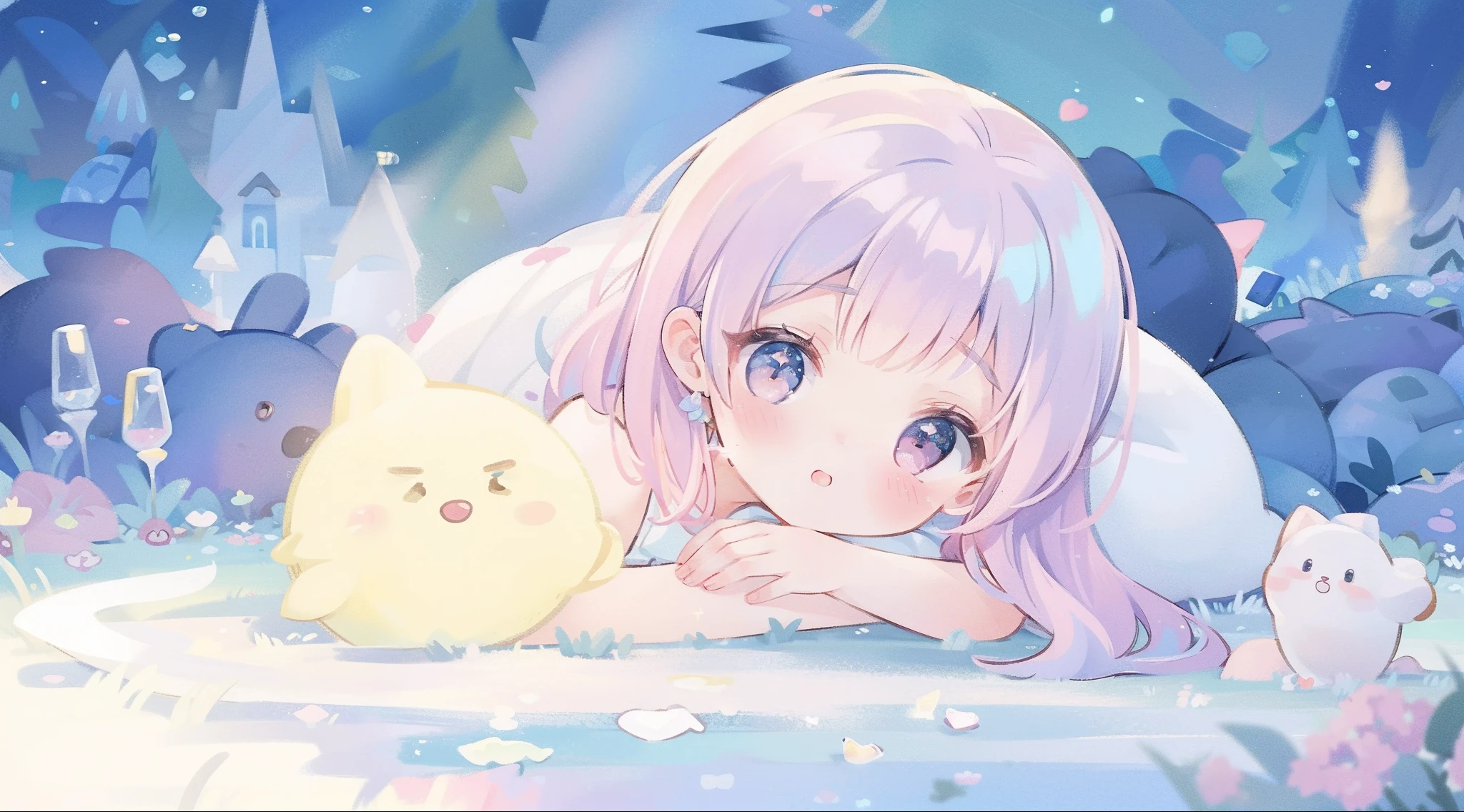 masterpiece, best quality, 8k resolution, sharp focus, intricate detail, beautiful girl, sparkling eyes, golden ratio face, otherworldly liquid, watercolor, ((pastel colors)), bright colors, whimsical, colorful, sharp focus, high resolution, fine detail, princess fantasy ballgown, ((round eyes)), iridescent bubbles, castle landscape in background