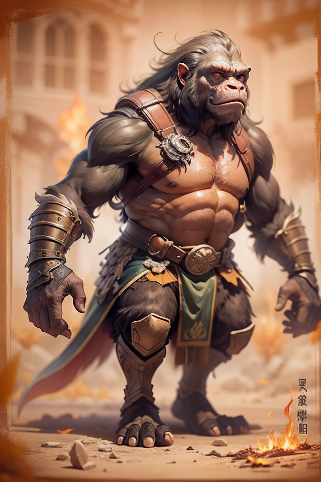 （The little orangutan stands up like a man：1.5），（Full body photo），middle，1 Little Gorilla Knight（orang，Armor，Small stature，emaciated），Stand on both legs，miracle，damaged armor，NOhumans，rays of moonlight，Fantastic brilliance，Destroy the castle，（globalillumination、Ray traching、hdr、The rendering is not realistic、Rational design、tmasterpiece、best qualtiy、hyper HD、cinmatic lighting）