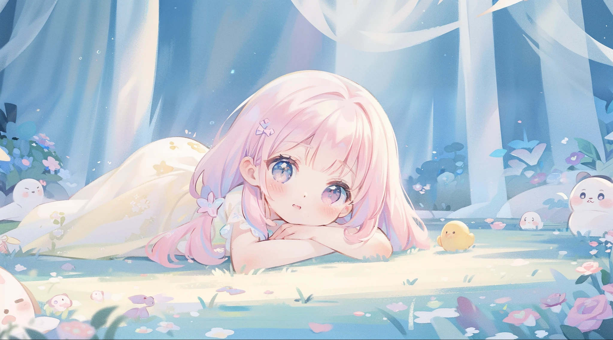 masterpiece, best quality, 8k resolution, sharp focus, intricate detail, beautiful girl, sparkling eyes, golden ratio face, otherworldly liquid, watercolor, ((pastel colors)), bright colors, whimsical, colorful, sharp focus, high resolution, fine detail, princess fantasy ballgown, ((round eyes)), iridescent bubbles, castle landscape in background