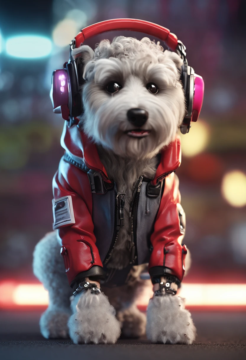 Cute and cool stickers, poodle, Fluffy lid, White background, cute puppies in full growth cypunk in jacket, boombox, iso-distance view, Cinematic, Hyperrealistic, back lit lighting,very low angle, Highly detailed, zoomout, rendered in unrealengine,