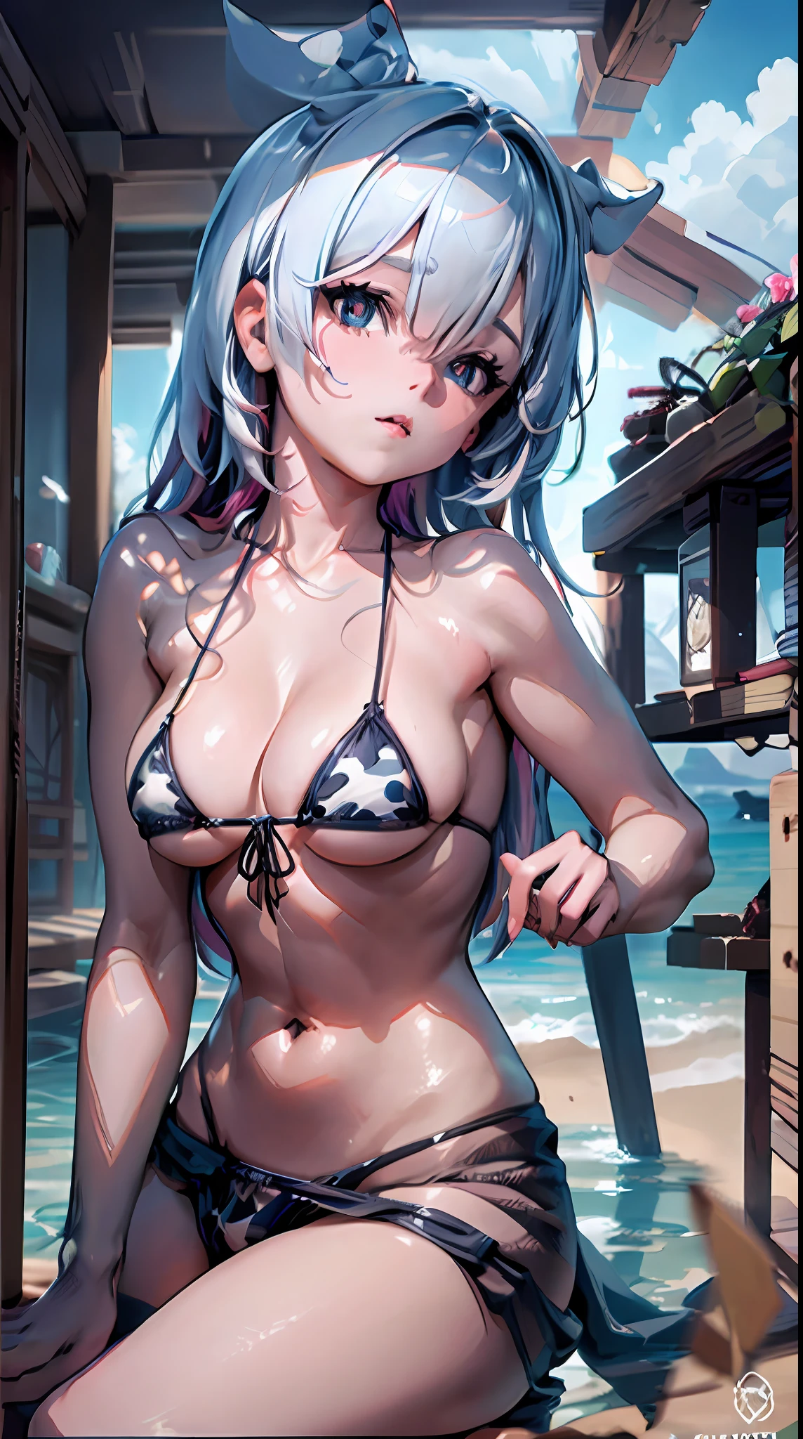 Cheers Saki | Blue Archives, Iwhole Body, (NSTDA.:1.2), (10, beste-Qualit, master-piece: 1.4), ultra-high resolution, (Realistic, photorealistic portrait: 1.48), 20 years old girl , ( Micro Beetle View - Bikini Pass:1.11),Cow's milk bikini print, Famous Japanese celebrities, gigantic breasts, Blue Eyes, Head Tilted, cowboy shot, View from the front, looking at the audience, expressionless, Beautiful Sea Zeiss f 150mm/ 2.8 Hasselblad, Whole body, foot , Ultra-Wide Angle