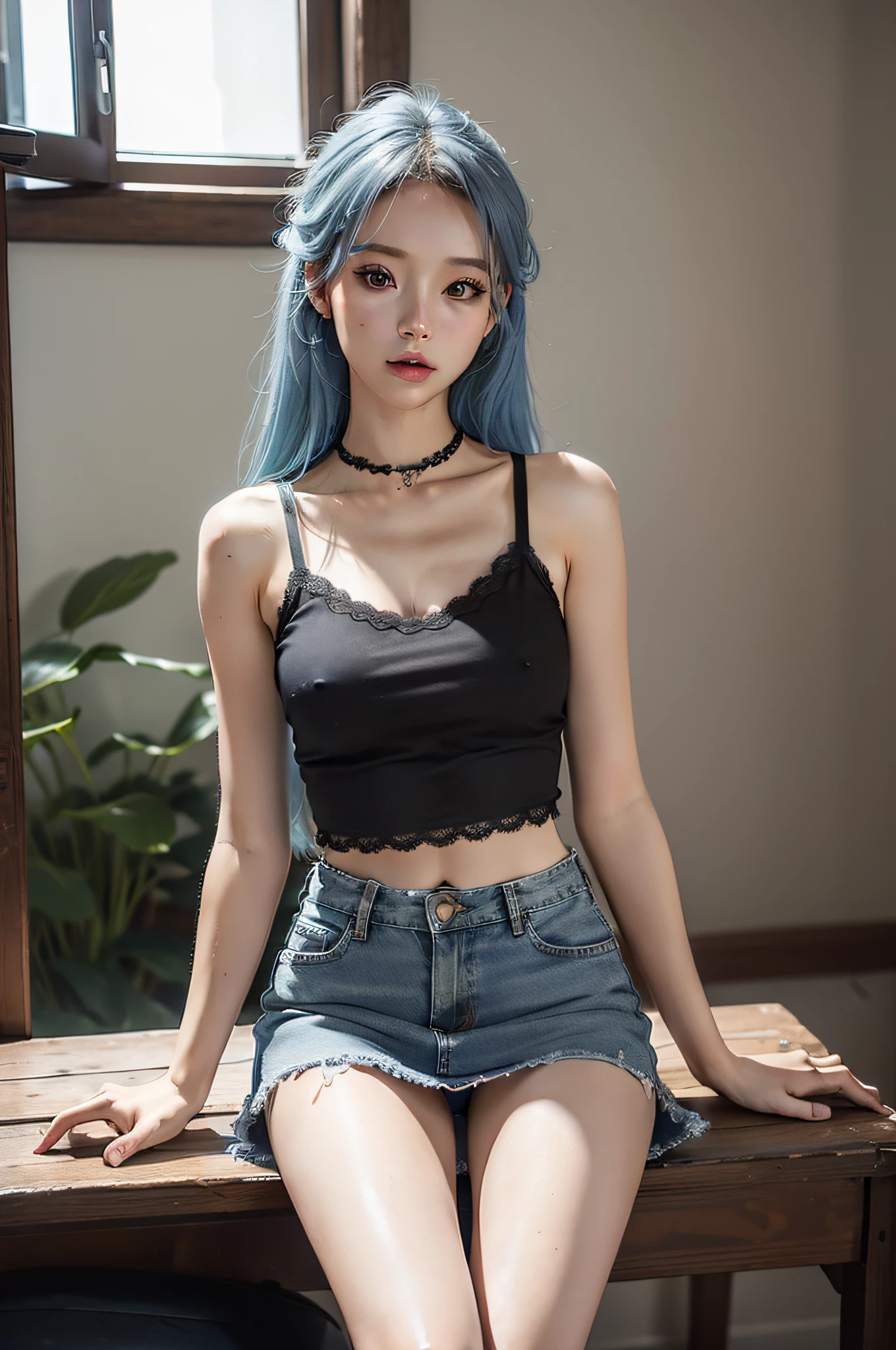 Realiy, best qualtiy, realisticlying, tmasterpiece,realistic skin textures,Realiy感, 8K, A high resolution,blue hairs,Wear a skinny denim skirt,Denim skirt with an open waist,Black tank top,Lace,brassier,the girl poses for a photo,(The skirt is raised:1.8),(Show panties 1 .9),full bodyesbian,legs are open,Slim body,Slim girl model,24 years old female model,hyper realistic schoolgirl,hyper realistic schoolgirl,,Sitting,Beautiful waist,Very slender legs