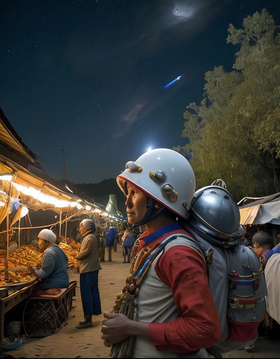Indonesians people at the tradisional market, roll out shanties, ((peoples wearing astronout helmet)),on the moon, (moon landscape), in front is Indian rocket landing on the moon, at night, earth is looks above scenery,