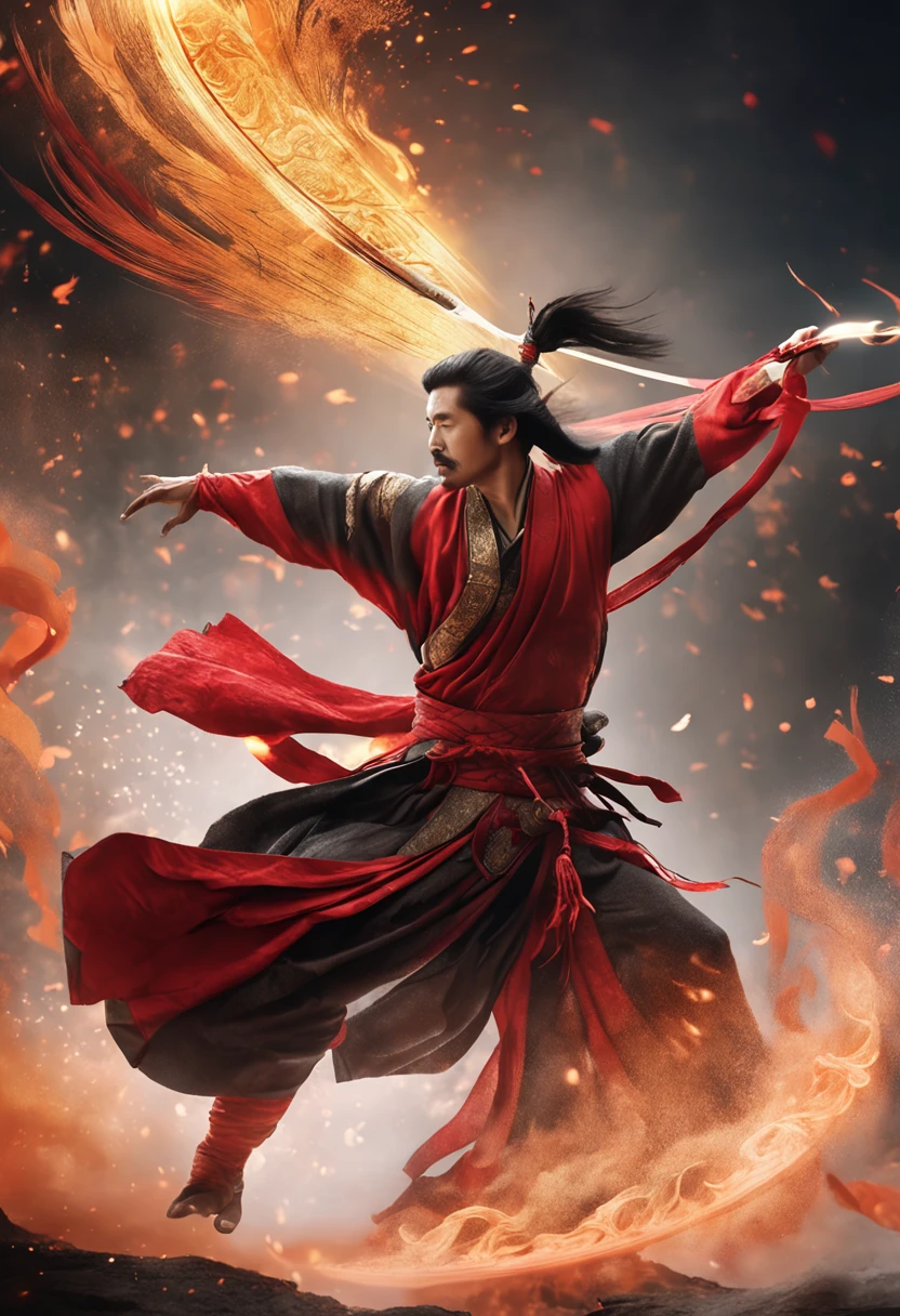 Handsome guy in oriental style, sword in hand, sword dance, black and red costume, behind him is a phoenix emitting golden light, realistic and ethereal style, Eastern Zhou Dynasty, the background of the picture is the strong air current that impacts the picture, 8K, fantasy, fable, animation style, epic The ink-and-wash lens flashes with golden magic light. Abstract Imagery, Hard Lighting, Rembrandt Lighting, Fluid Color Combination Style, Surreal Water, Gloss/Gloss
