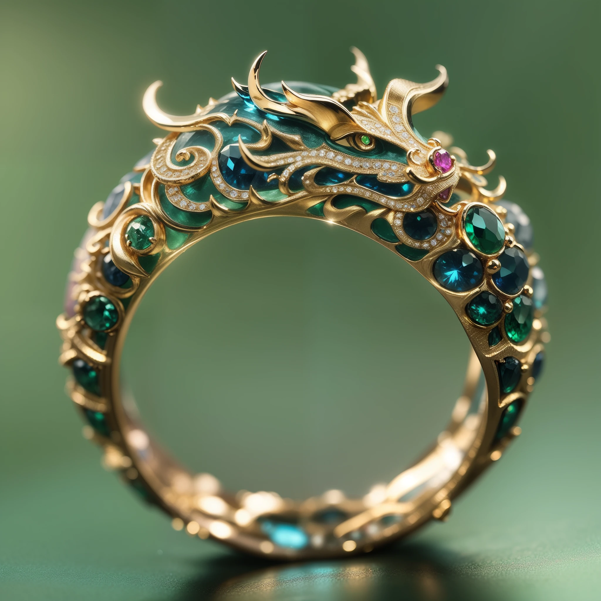 Masterpiece,highest quality,(Nothing but the ring),(No Man),The ring is shaped like a Chinese dragon wrapped around the end from head to tail,Delicate gold ring,The sheen,inverted image,Sparkling blue-green gemstones,Elegant and noble,simple backgound