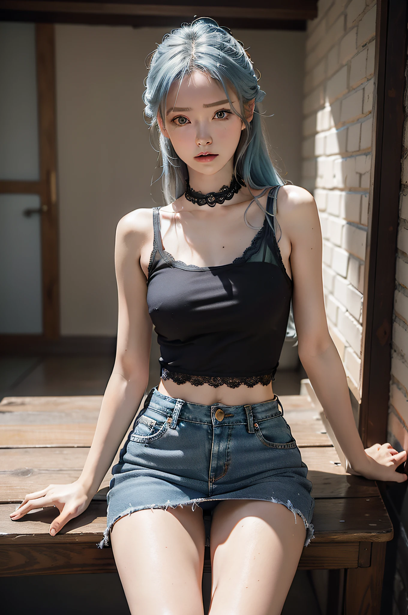 Realiy, best qualtiy, realisticlying, tmasterpiece,realistic skin textures,Realiy感, 8K, A high resolution,blue hairs,Wear a skinny denim skirt,Denim skirt with an open waist,Black tank top,Lace,brassier,the girl poses for a photo,(The skirt is raised:1.8),(Show panties 1 .9),full bodyesbian,legs are open,Slim body,Slim girl model,24 years old female model,hyper realistic schoolgirl,hyper realistic schoolgirl,,Sitting,Beautiful waist,Very slender legs