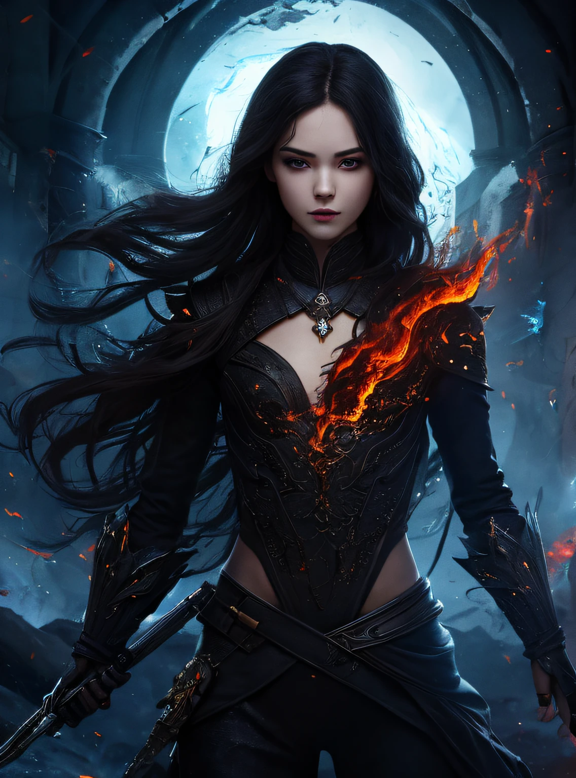 The Skeleton young Witch,flying,epoxy_skull,amidst a black swirling vortex in a dark,mystical forest. A beautiful woman with long hair stands,her figure draped in skeletal armor and an ethereal dress,engulfed by the swirling darkness. The scene is intensely cinematic,dominated by deep shadows pierced by subtle hints of light,crafting a dramatic interplay of darkness and luminescence. Wind,intensified to 1.2,weaves through the trees,enhancing her enigmatic silhouette,now surrounded by black smoke and the eye of a storm. Close-up on her sad expression,amidst sparkling embers and a billowing long piece of cloth,