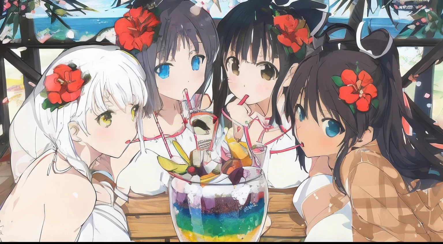 Four beauties，Four anime characters sit at a table drinking drinks and fruit, anime hi-fructose, rainbow core, anime food, ecchi anime style, Kantai collection style, Official artwork, Pisif style, slice of life anime, Anime girls, Four girls drinking milkshakes together, Pisif, Cute anime, author：Hosomura Kane, nightcore, offcial art，