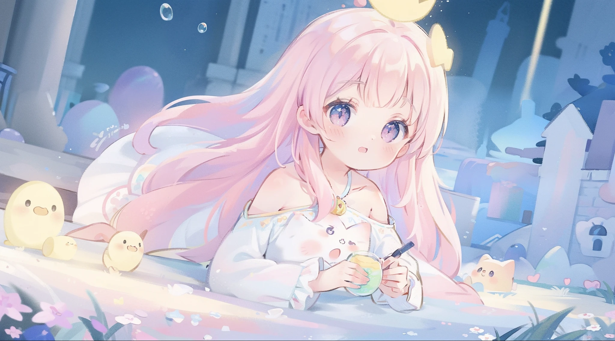 masterpiece, best quality, 8k resolution, sharp focus, intricate detail, beautiful girl, sparkling eyes, golden ratio face, otherworldly liquid, watercolor, ((pastel colors)), bright colors, whimsical, colorful, sharp focus, high resolution, fine detail, princess fantasy ballgown, ((round eyes)), iridescent bubbles, castle landscape in background