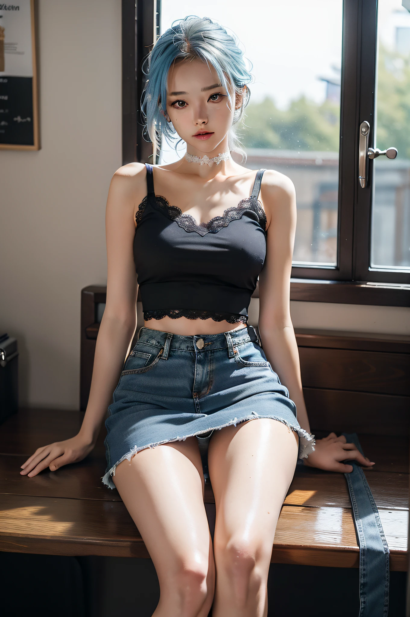 Realiy, best qualtiy, realisticlying, tmasterpiece,realistic skin textures,Realiy感, 8K, A high resolution,blue hairs,Wear a skinny denim skirt,Denim skirt with an open waist,Black tank top,Lace,brassier,the girl poses for a photo,(The skirt is raised:1.8),(Show panties 1 .9),full bodyesbian,legs are open,Slim body,Slim girl model,24 years old female model,hyper realistic schoolgirl,hyper realistic schoolgirl,,Sitting,Beautiful waist,Very slender legs