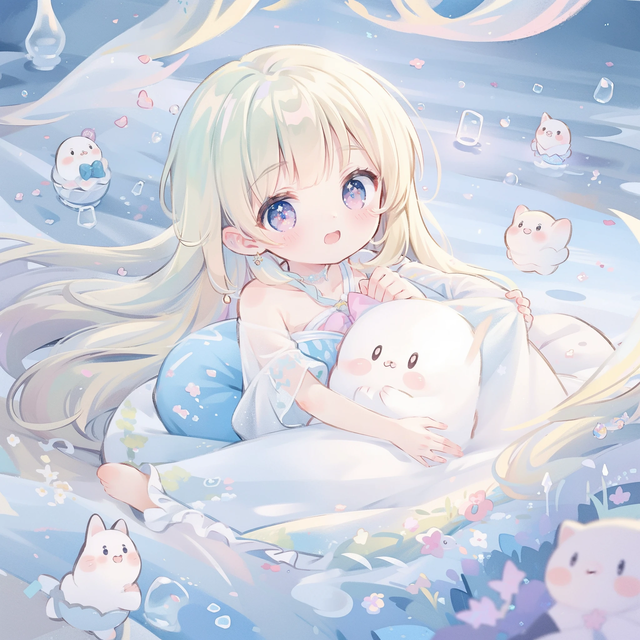 masterpiece, best quality, 8k resolution, sharp focus, intricate detail, beautiful girl, sparkling eyes, golden ratio face, otherworldly liquid, watercolor, pastel colors, bright colors, whimsical, colorful, sharp focus, high resolution, fine detail, princess layered ballgown, ((round eyes)), iridescent bubbles, magical