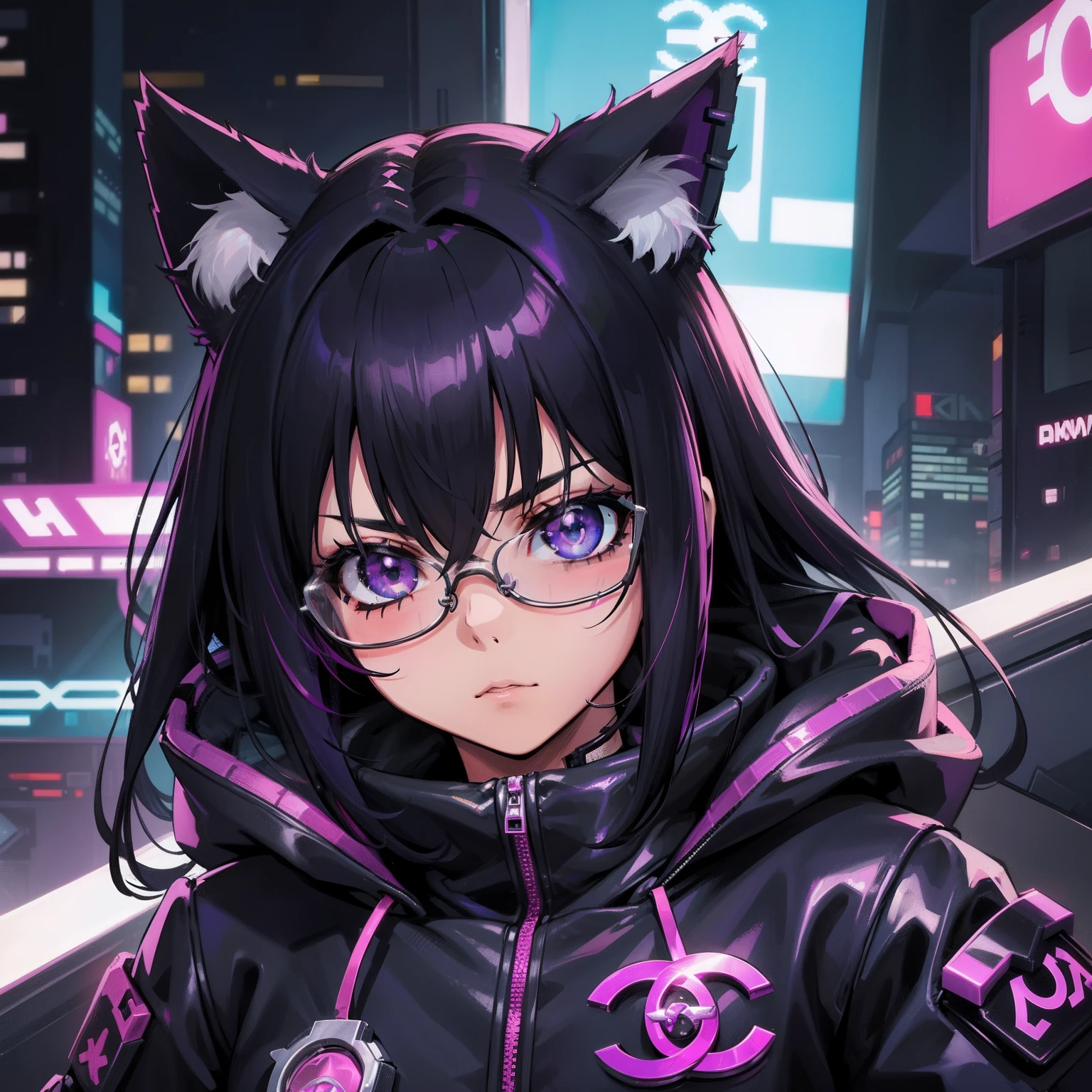 Cyberpunk menina roxo gamer, with glasseswith cat ears, olhos roxos brilhando, Cabelo tamanho medio preto Chanel com pontas roxa