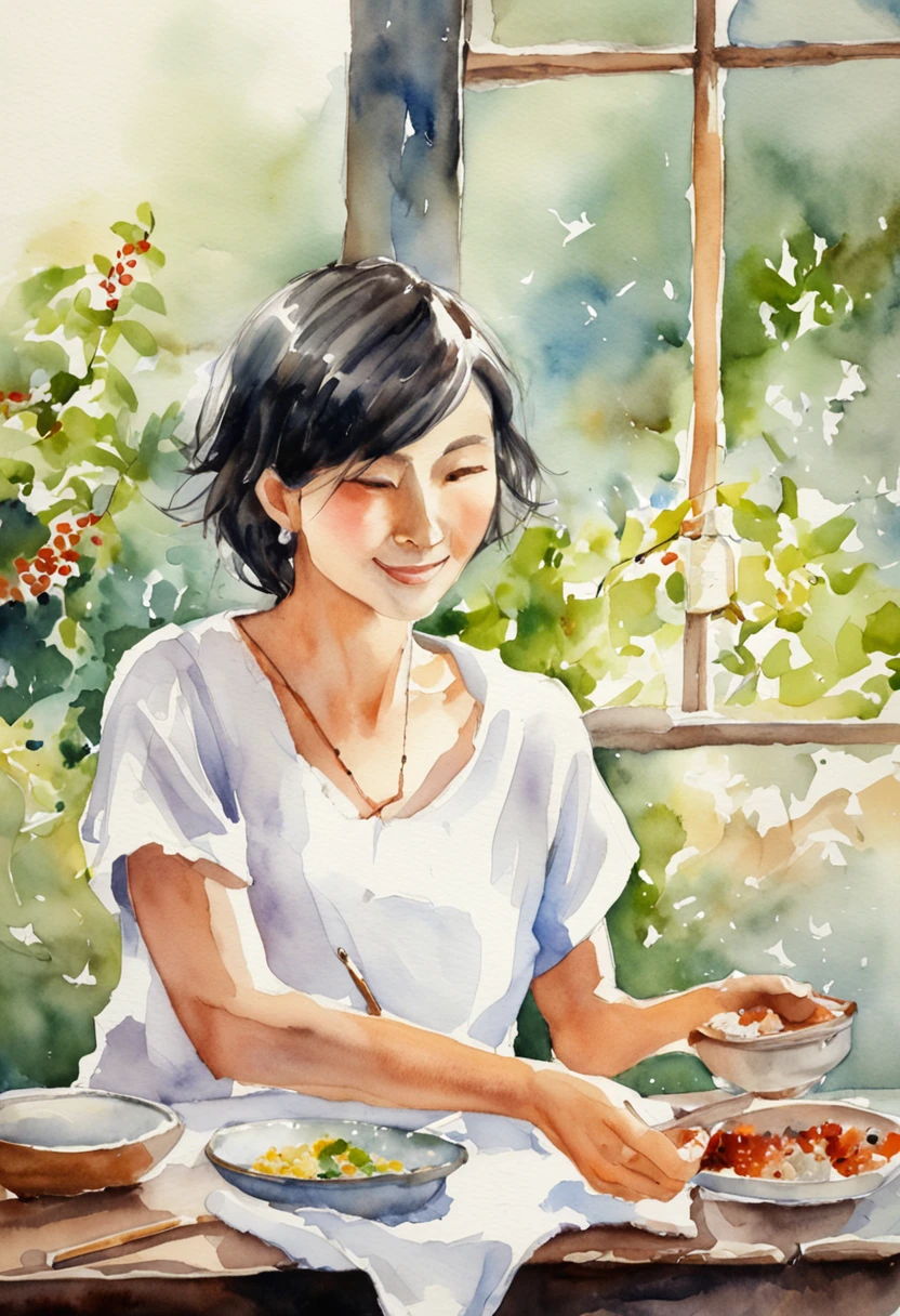 Young woman with short hair Japan、Eating rice with a spoon、slender、tshirts、