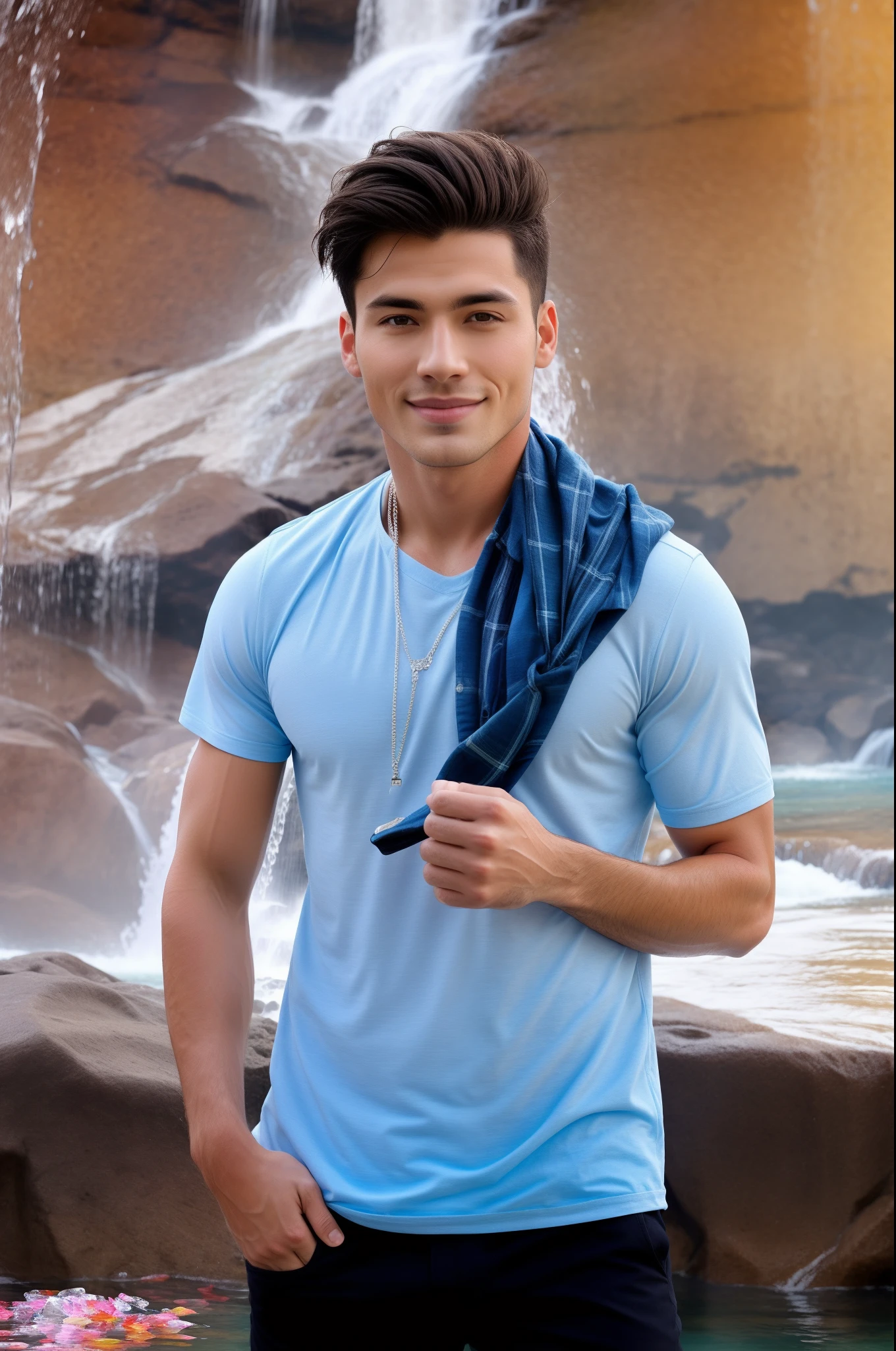 Handsome man bathing in a waterfall of crystal clear water
