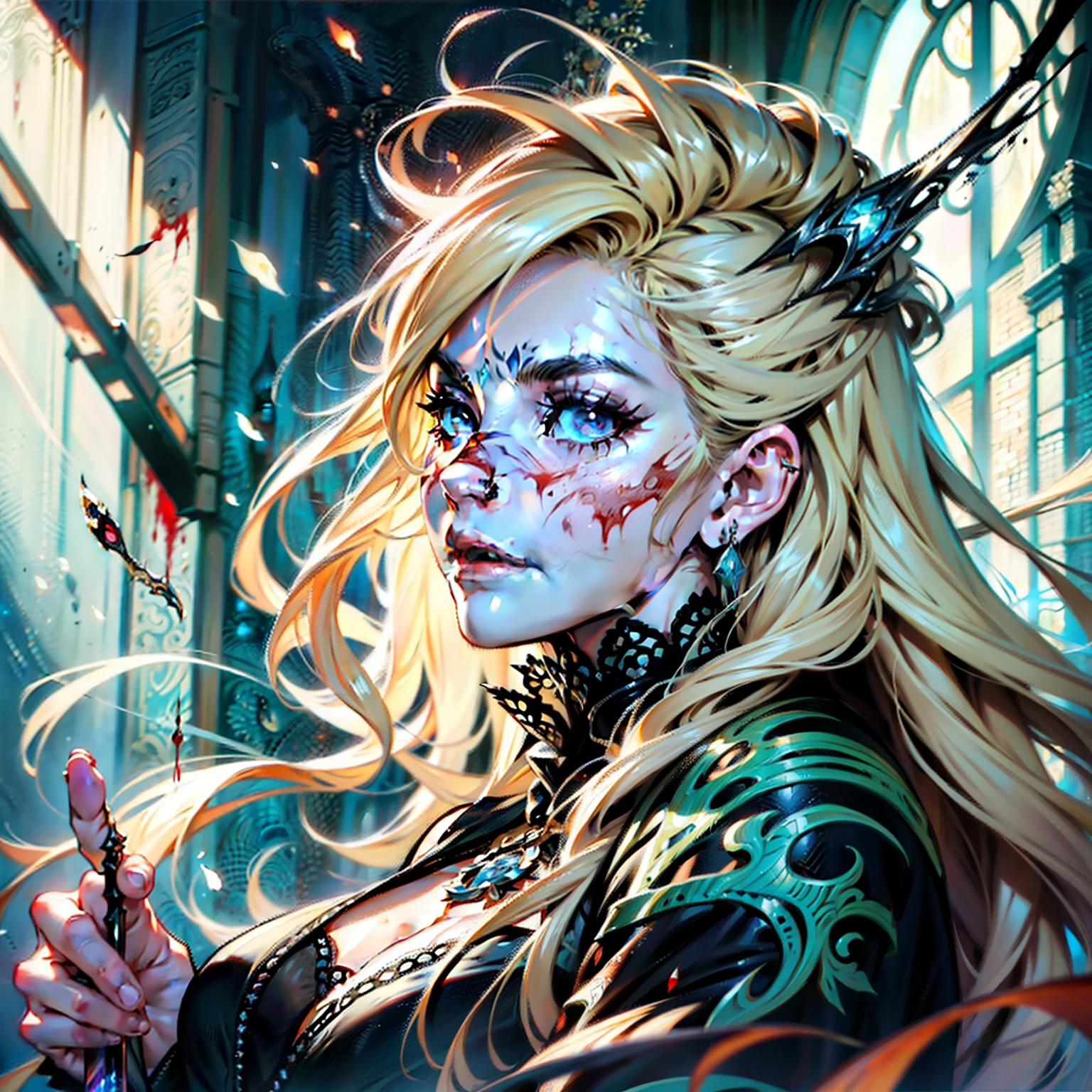 The demon in my head, Emma Watson, Long curly blonde hair, olpntng style, Dark art, Bloody eyes , Dark eyes, Blood, hoarfrost metal lace, fantasy, Sunlight, rays of sunshine, intricately details. 8K, Dreamlike, surrealism, Symmetrical, Soft lighting, trending on artstationh, Intricate details, Highly detailed, illusory engine, author:ross tran, Phlegm sputum, phlegm, Artgerm and James Jean, Brian Froud, art illustration by Miho Hirano, Neimy Kanani, oil on the canvas:Aykut Aydogdu, Oil painting, Heavy strokes, paint drips, aspect::4:3