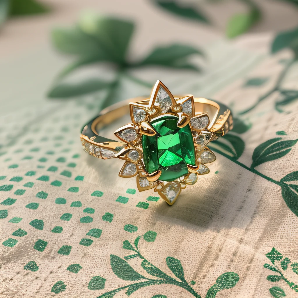 Linen coarse cloth background,Giant imperial green diamond ring,Custom gift blind box,Studio film professional light,32K quality,
