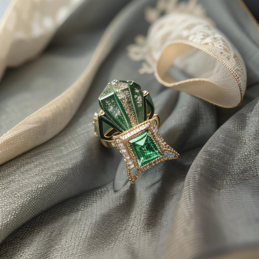 Linen coarse cloth background，Giant imperial green diamond ring，Custom gift blind box，Studio film professional light，32K quality，