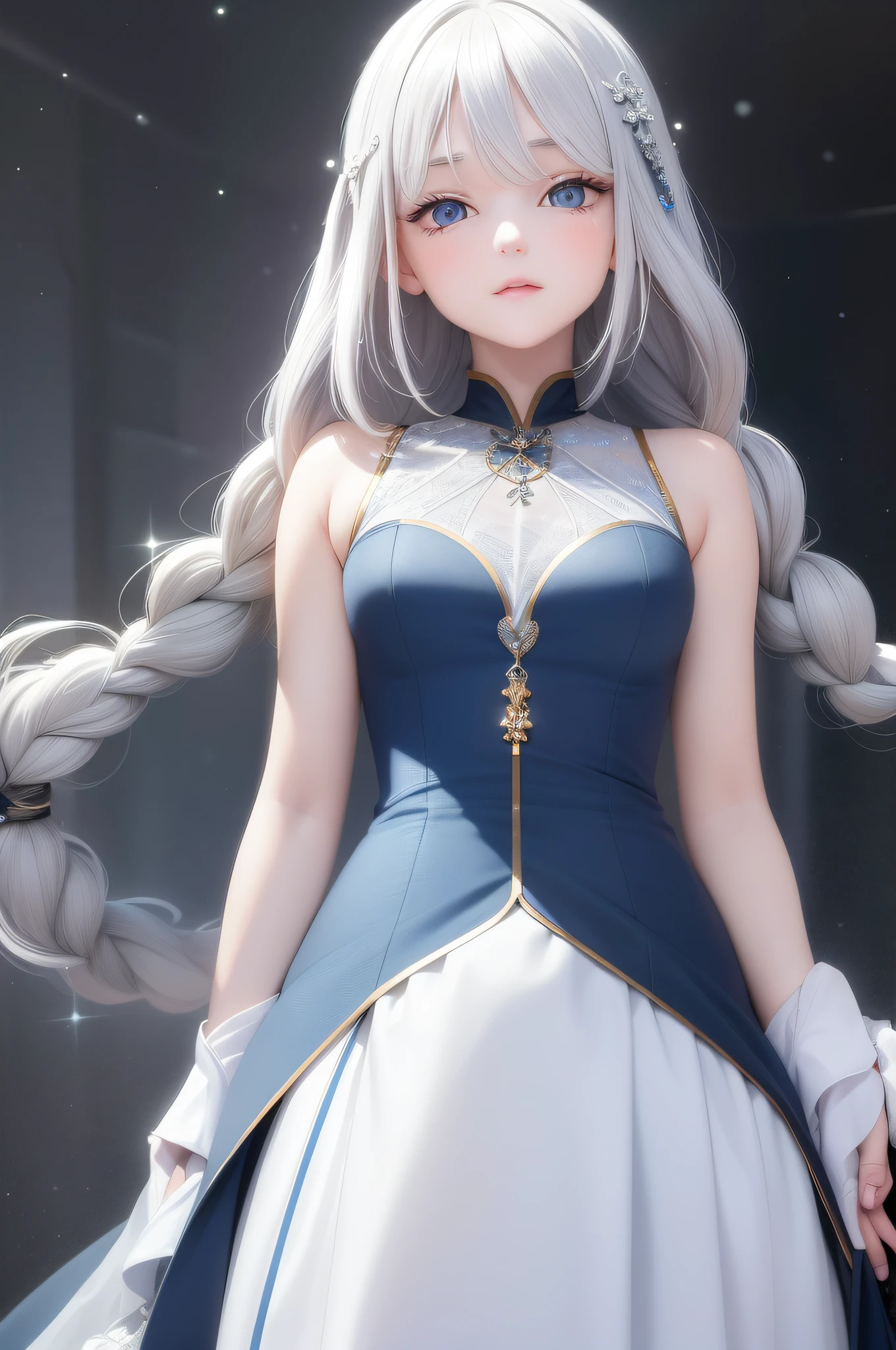 The ultimate masterpiece,Perfect image quality,Gray hair pure blue,Golden eyes twinkle,White clothes flowing,Looking Up The Sky,Upper body or whole body display,Hair flutters like a waterfall,The skin is as fair as snow,The side braid swings gracefully。