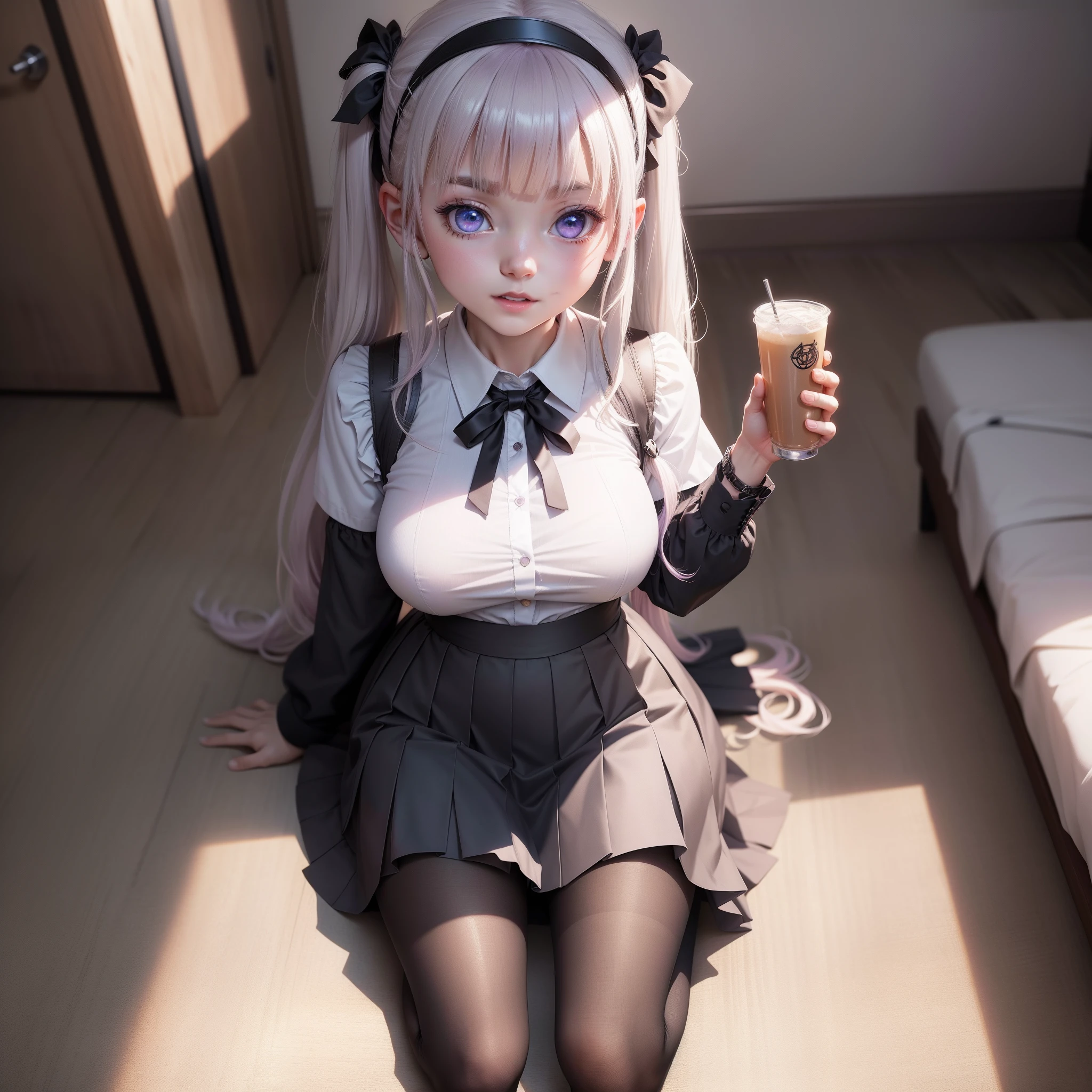 A blonde girl lying on the floor,Sticking out his tongue,There is also milk at the corner of the mouth,Some shyness,There were several puddles of milk on the floor
