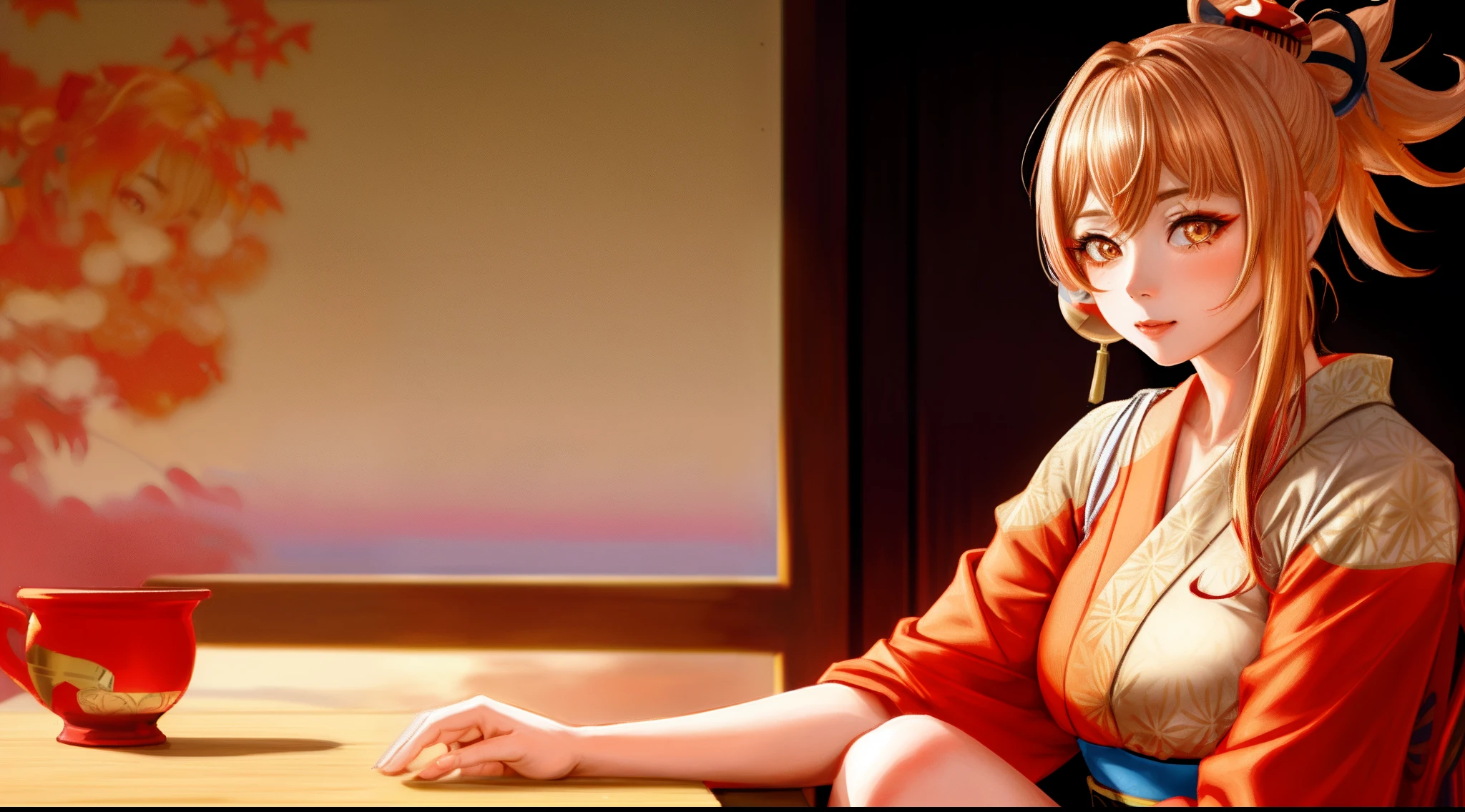 1 adult woman, (yoimiya genshin impact), focused upper body, realistic, red and white kimono, (dark golden hair), golden pupils, sitting pose, leaning on table,