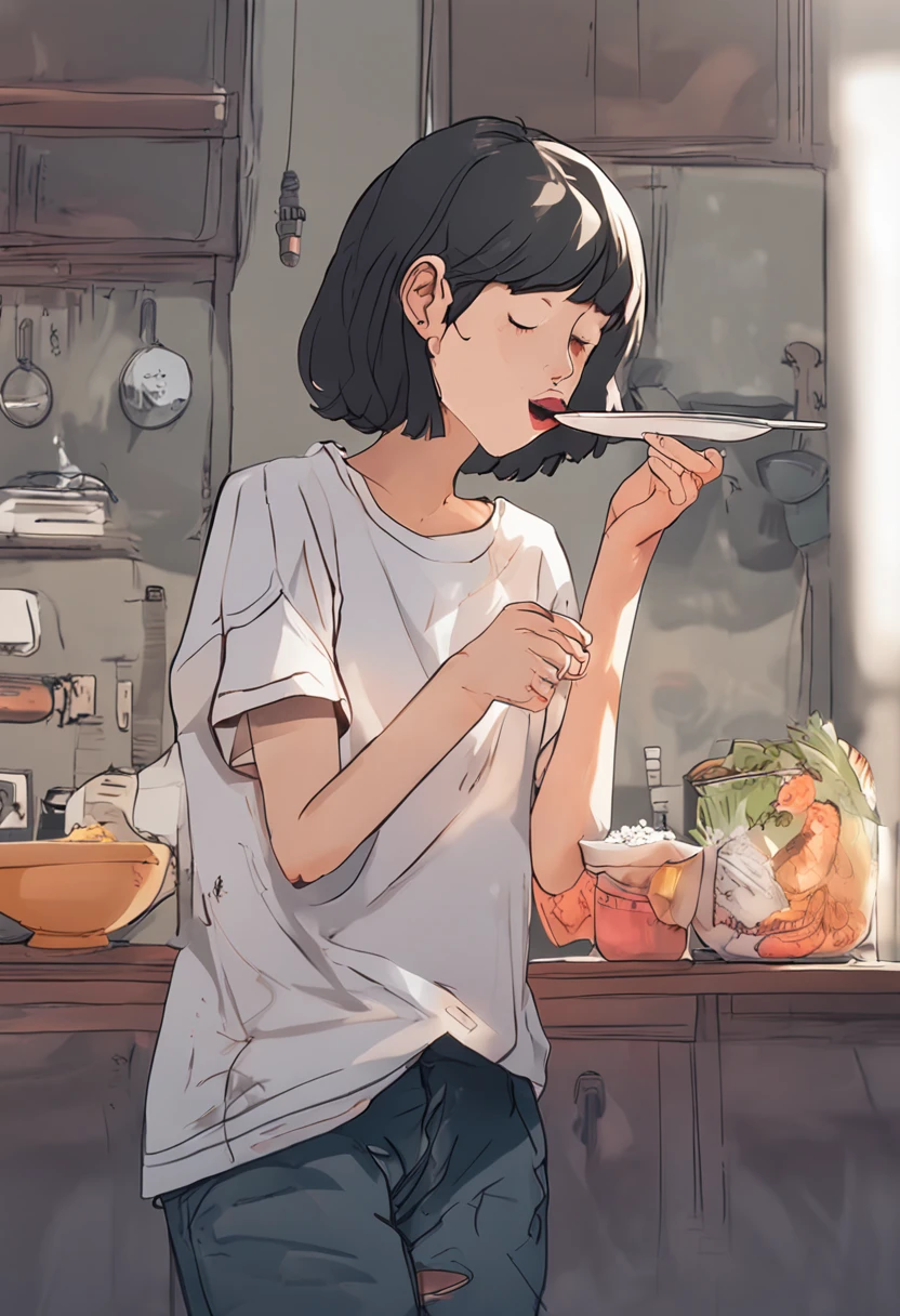 Young woman with short hair Japan、Eating rice with a spoon、slender、tshirts、