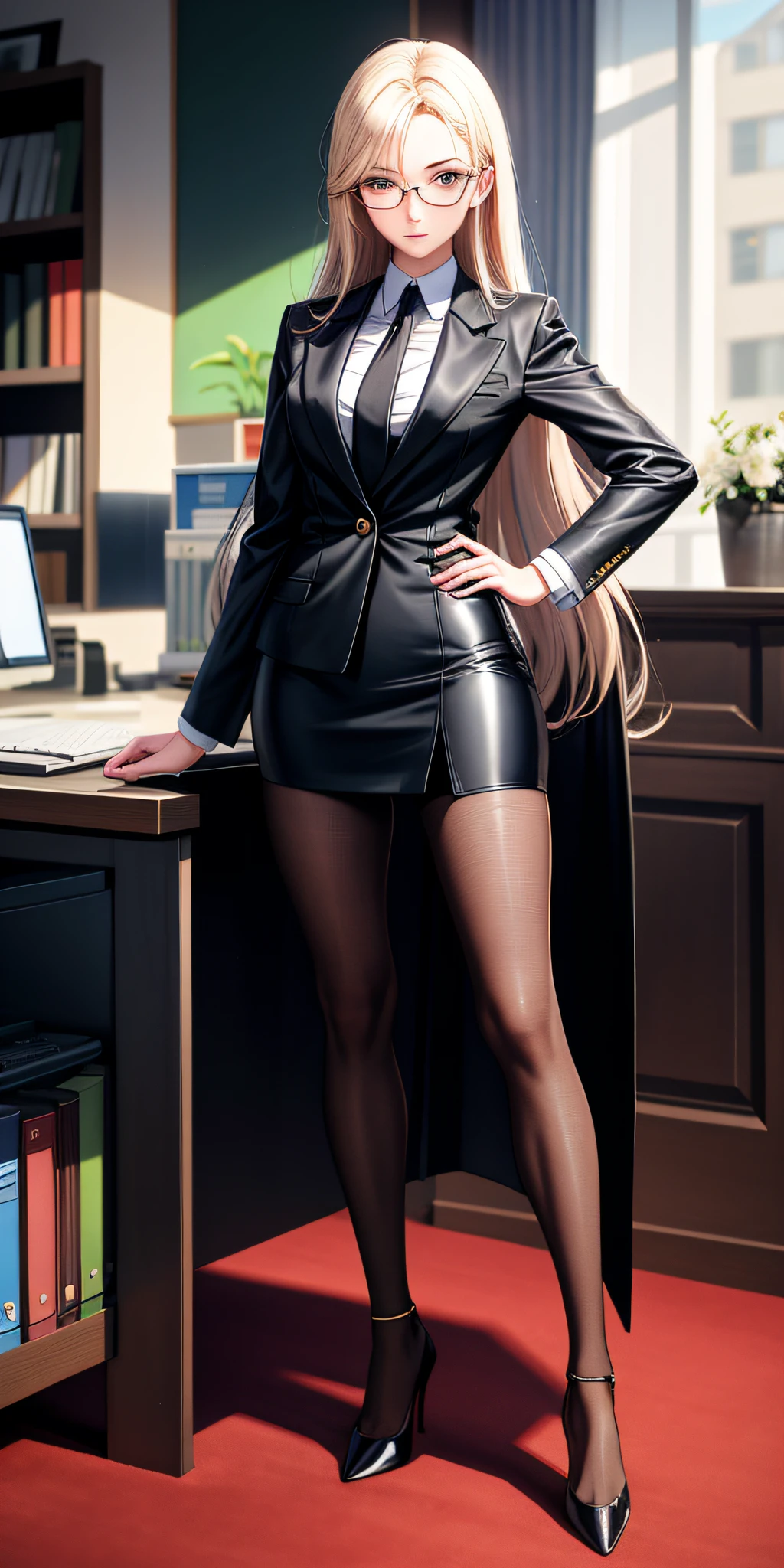 A domineering female president,slim,whaite hair,long whitr hair,In the office,Full body photo,black pantyhoses,high-heels,wears glasses,long leges,Tall,In black suit,short skirt
