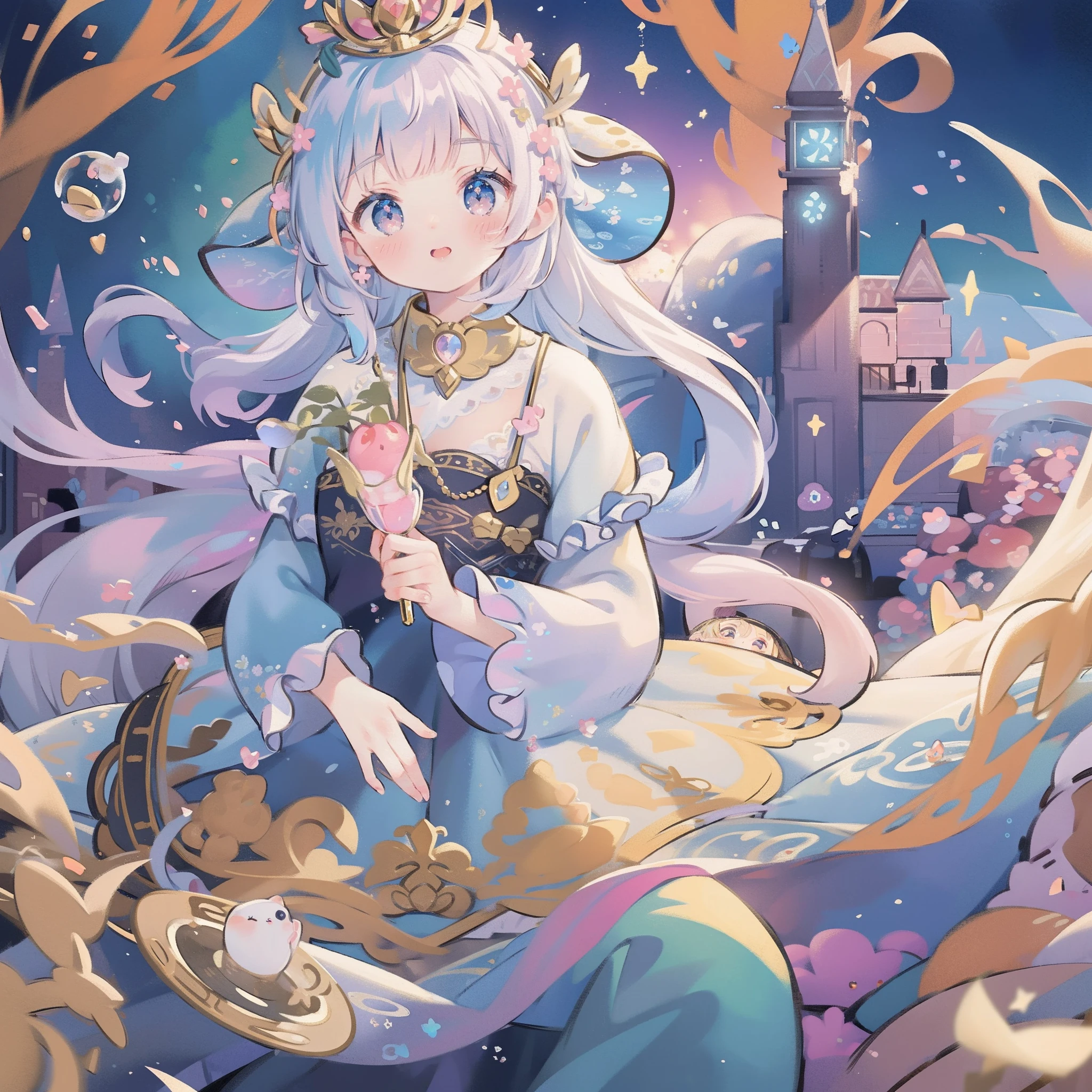 masterpiece, best quality, 8k resolution, sharp focus, intricate detail, beautiful girl, sparkling eyes, golden ratio face, otherworldly liquid, watercolor, pastel colors, bright colors, whimsical, colorful, sharp focus, high resolution, fine detail, princess fantasy flowing ballgown, ((round eyes)), iridescent bubbles, castle landscape in background