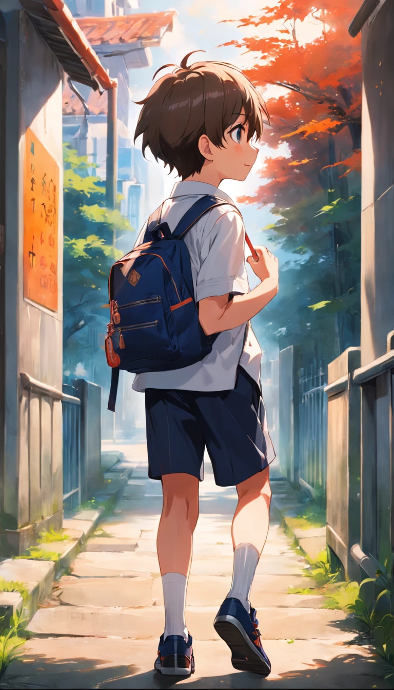 A cheerful little boy,short detailed hair,facing away from the audience,Carrying a school bag,Hold your bag with both hands,Wear a white top and dark sports school uniform,Greeting the rising sun,Walk towards the school gate,The background is the school gate