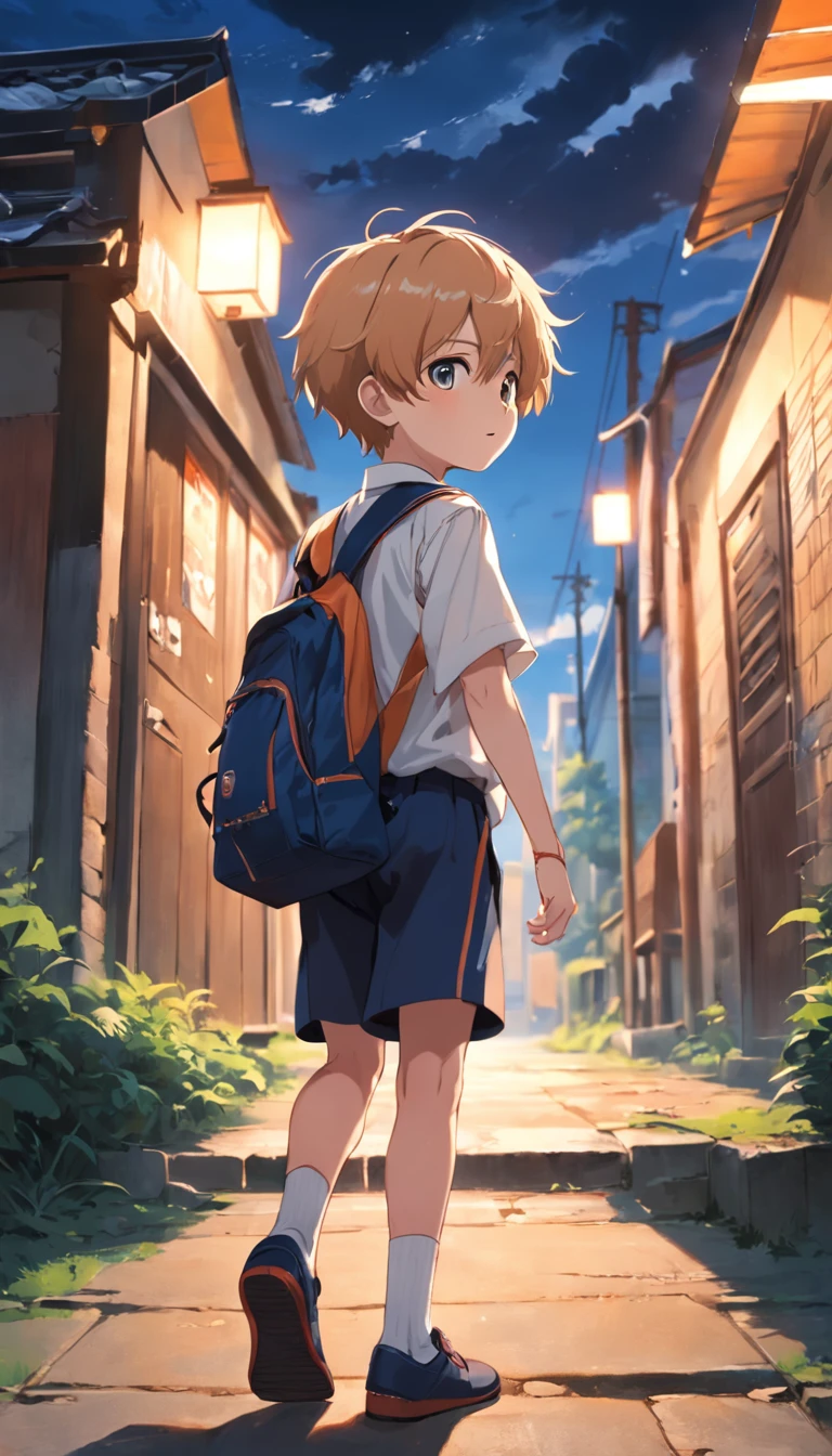 A cheerful little boy,short detailed hair,facing away from the audience,Carrying a school bag,Hold your bag with both hands,Wear a white top and dark sports school uniform,Greeting the rising sun,Walk towards the school gate,The background is the school gate