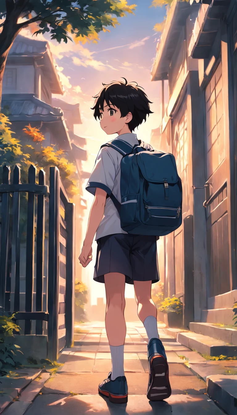 A cheerful boy,short detailed hair,facing away from the audience,Carrying a school bag,Hold your bag with both hands,Wear a white top and dark sports school uniform,Greeting the rising sun,Walk towards the school gate,The background is the school gate