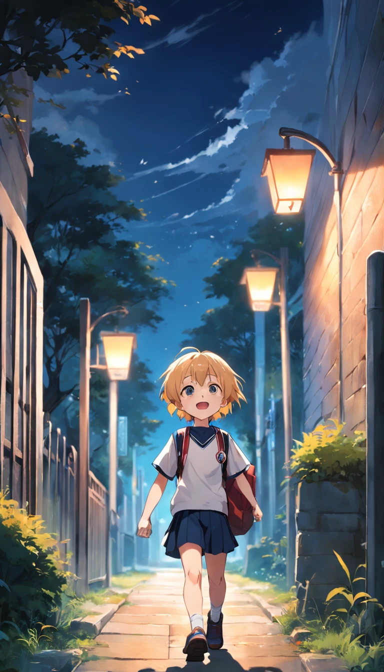 A cheerful boy,short detailed hair,facing away from the audience,Carrying a school bag,Hold your bag with both hands,Wear a white top and dark sports school uniform,Greeting the rising sun,Walk towards the school gate,The background is the school gate