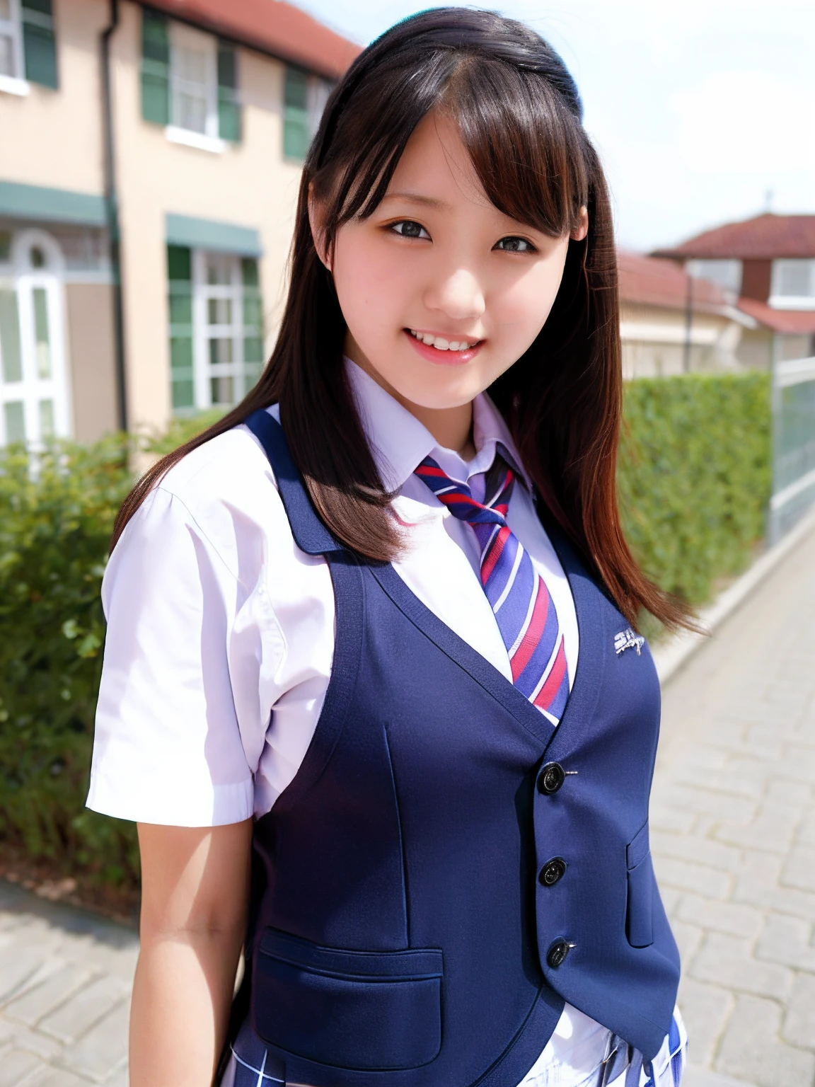 18-year-old、High school girls、uniform、ワンピースのuniform、紺色のuniform、White blouse、Long Straight Hair、White socks、smile、beautiful、Stylish