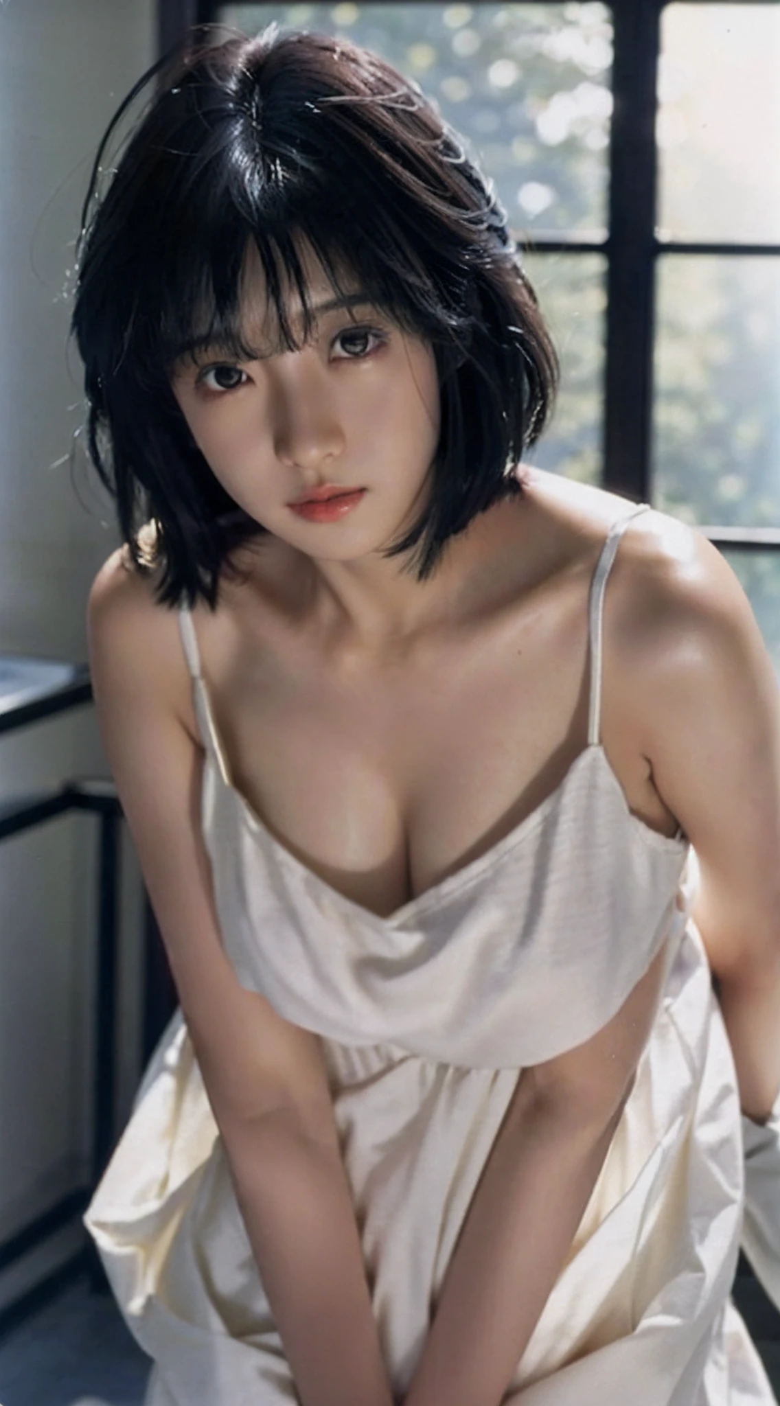 best quality, masterpiece, (realistic, film photography:1.2), fujifilm, photorealistc, haze-light-1800, 80s Japan idol,
analog film, cinematic lighting, depth of field, sharp camera focus,1 woman, elegant, relaxed, peaceful, depressed, smile, white sundress, bare shoulder, bare arms, silver necklace,
beautiful face, smooth skin texture, sexy and cute, straight hair ends, (akina nakamori's hair, short hair, black hair:1.5), (golden brown eyes:1.3), intricate eyes, little blush, (full body:1.2),
dim room, summer, windy, sweating hot, evening, sunset, chill, relaxing, indoor, home, detailed background,