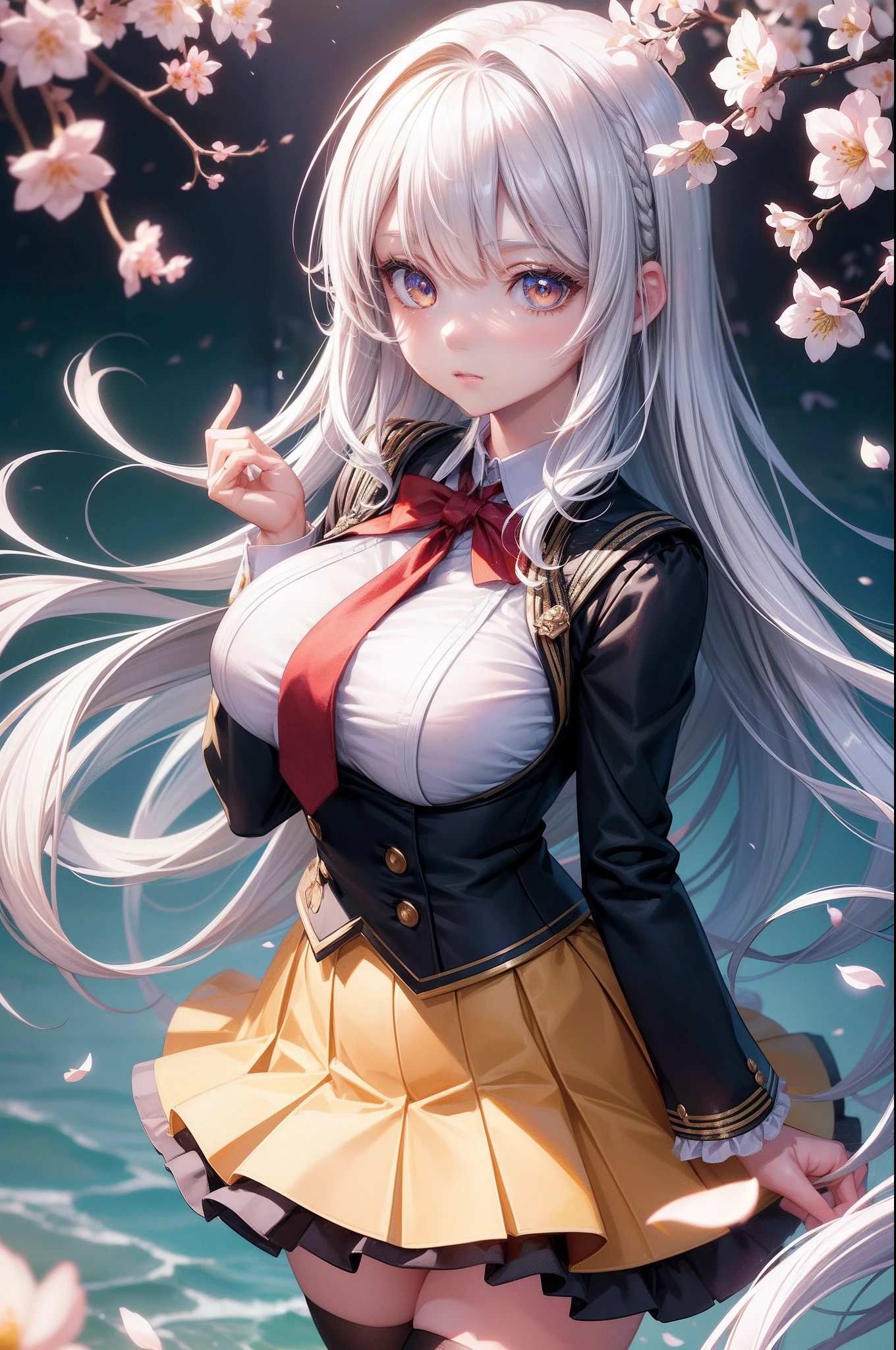 ((masterpiece)),(best quality),(solo),highres,((extremely detailed CG wallpaper)),((cinematic lighting)),((extremely detailed illustration)),((1girl)), white hair, long hair, yellow eyes, {{black_school_uniform}}, {black stockings},  short skirt,  (beautiful detailed eyes), (detailed light),red tie,shirt,{out door},{cherry blossoms},{school},((illustration)),((floating hair)), ((chromatic aberration)), ((caustic)), lens flare,dynamic angle, ((portrait)), cute face, large breast,((hidden hands)),asymmetrical bangs, (beautiful detailed eyes), eye shadow,,